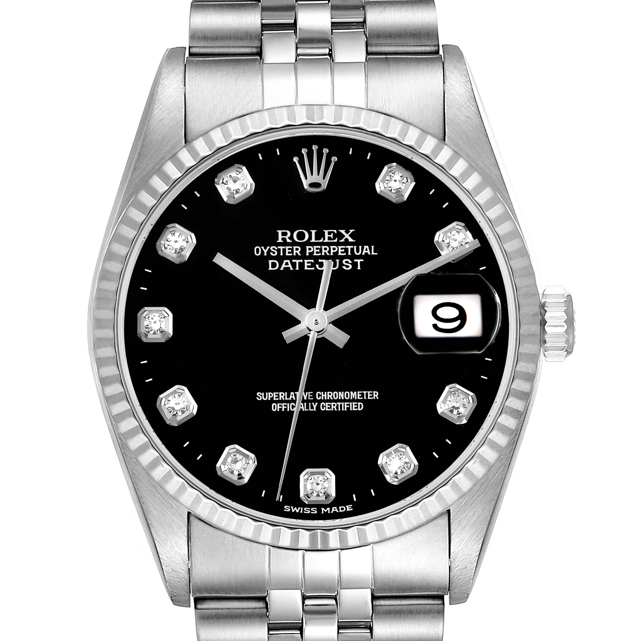 The Rolex Datejust 16234G Men
s Stainless Steel Black Dial 16234G Men
s Stainless Steel Black Dial watch is shown from a frontal angle, displaying the bezel, dial, hands, date window, and part of the bracelet.