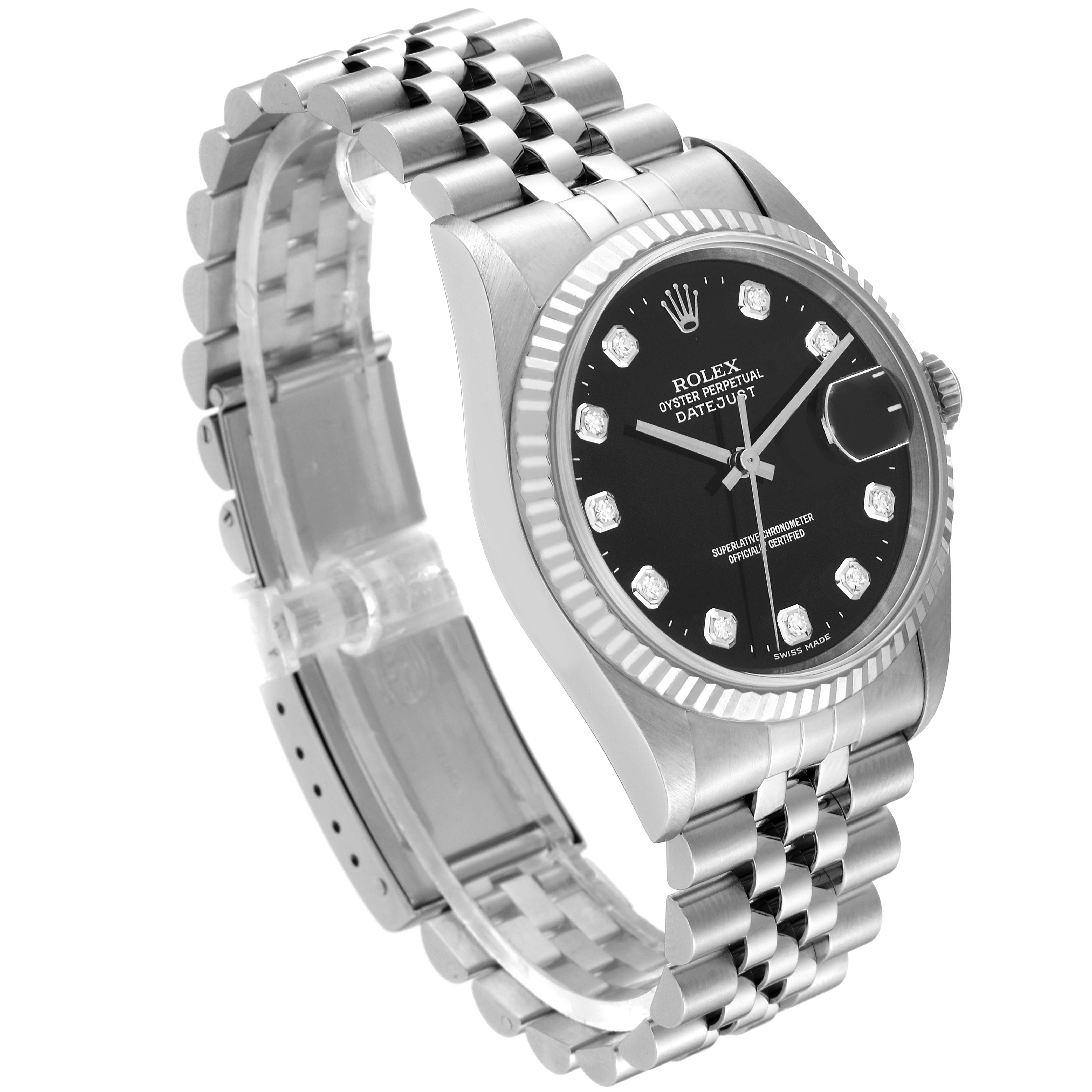 The Rolex Datejust 16234G Men
s Stainless Steel Black Dial 16234G Men
s Stainless Steel Black Dial watch is shown at an angle displaying the face, bezel, crown, and partial bracelet.