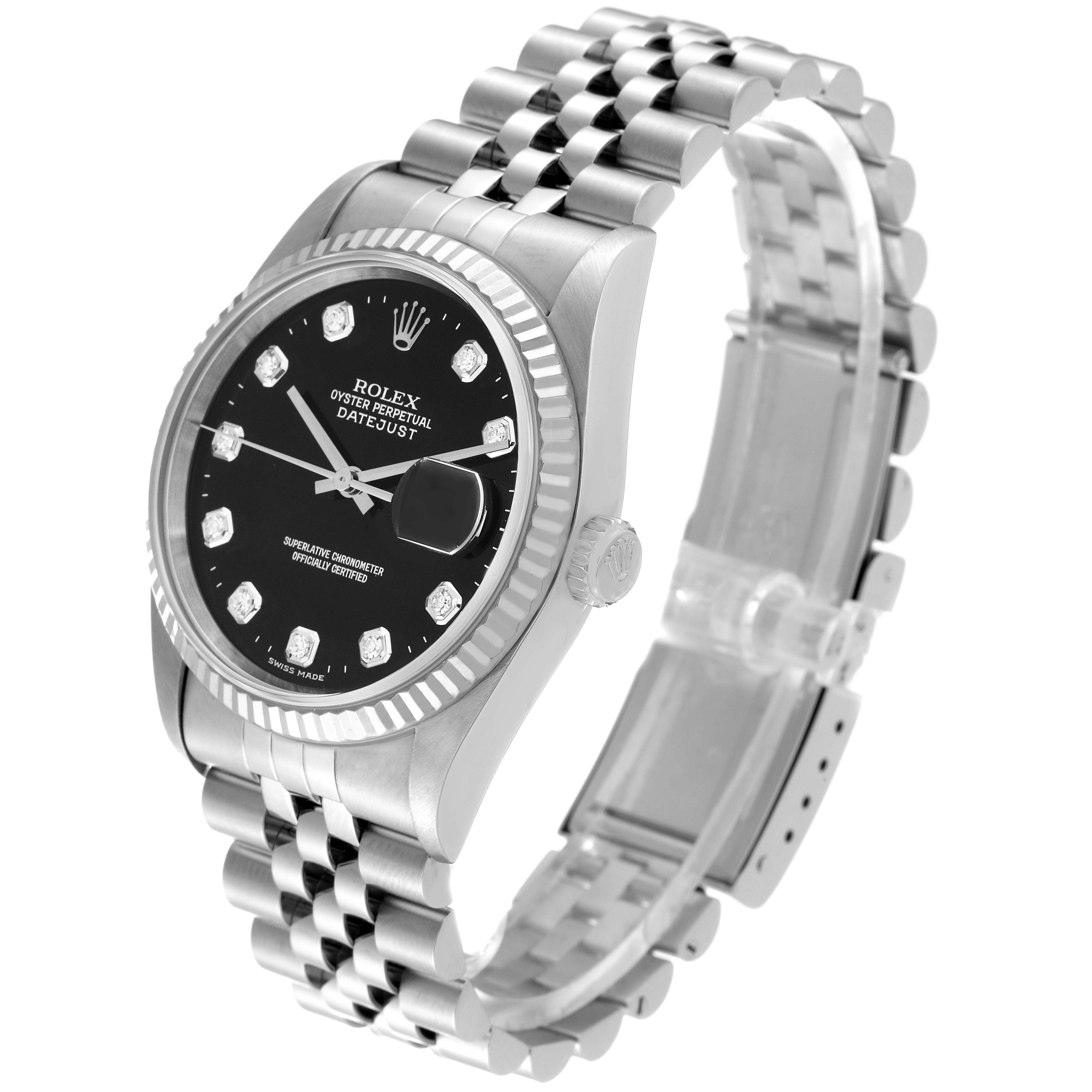 The Rolex Datejust 16234G Men
s Stainless Steel Black Dial 16234G Men
s Stainless Steel Black Dial watch is shown at a slight angle with its face, bezel, crown, and full bracelet visible.