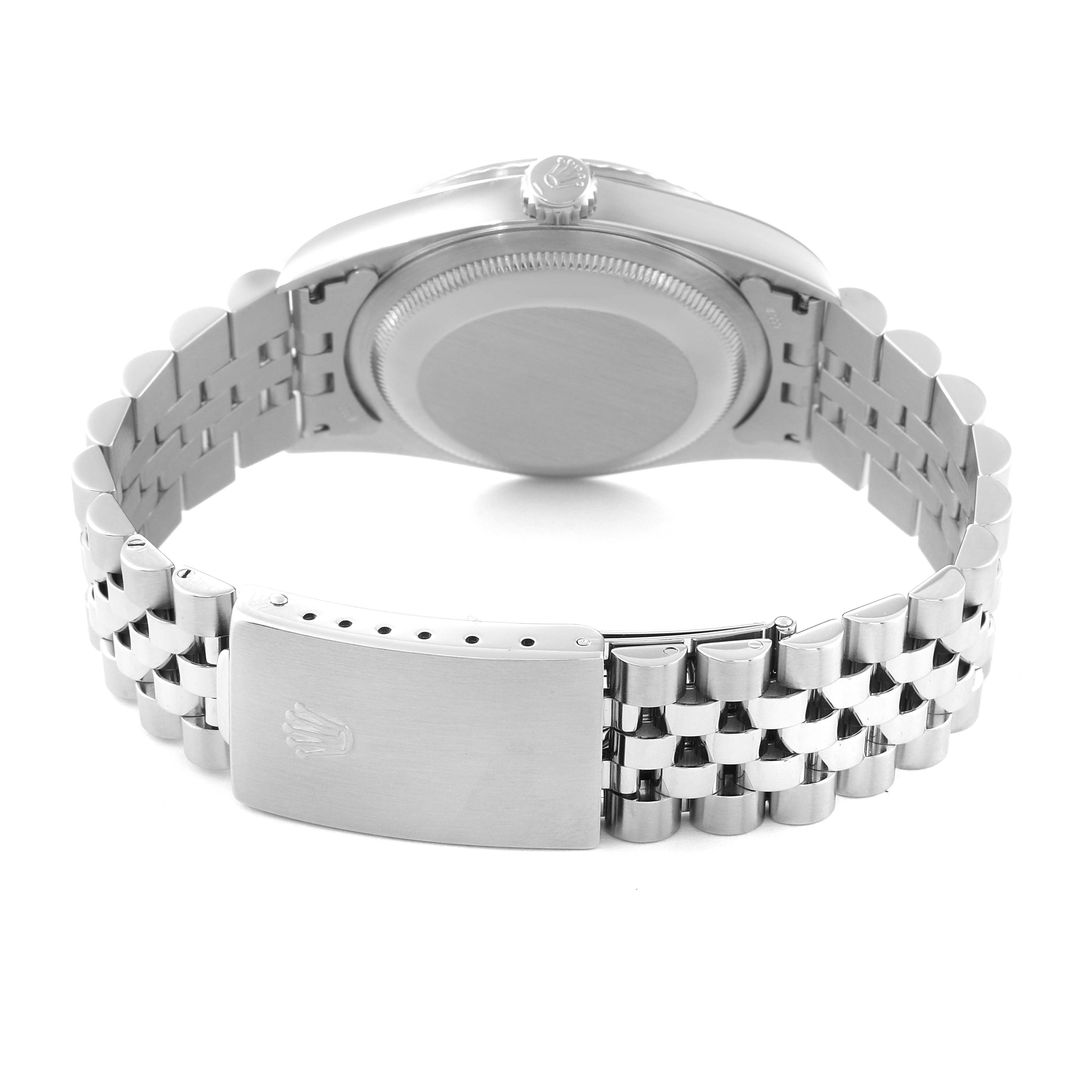 The image shows the Rolex Datejust 16234G Men
s Stainless Steel Black Dial 16234G Men
s Stainless Steel Black Dial watch from the back, highlighting the clasp, bracelet, and case back.