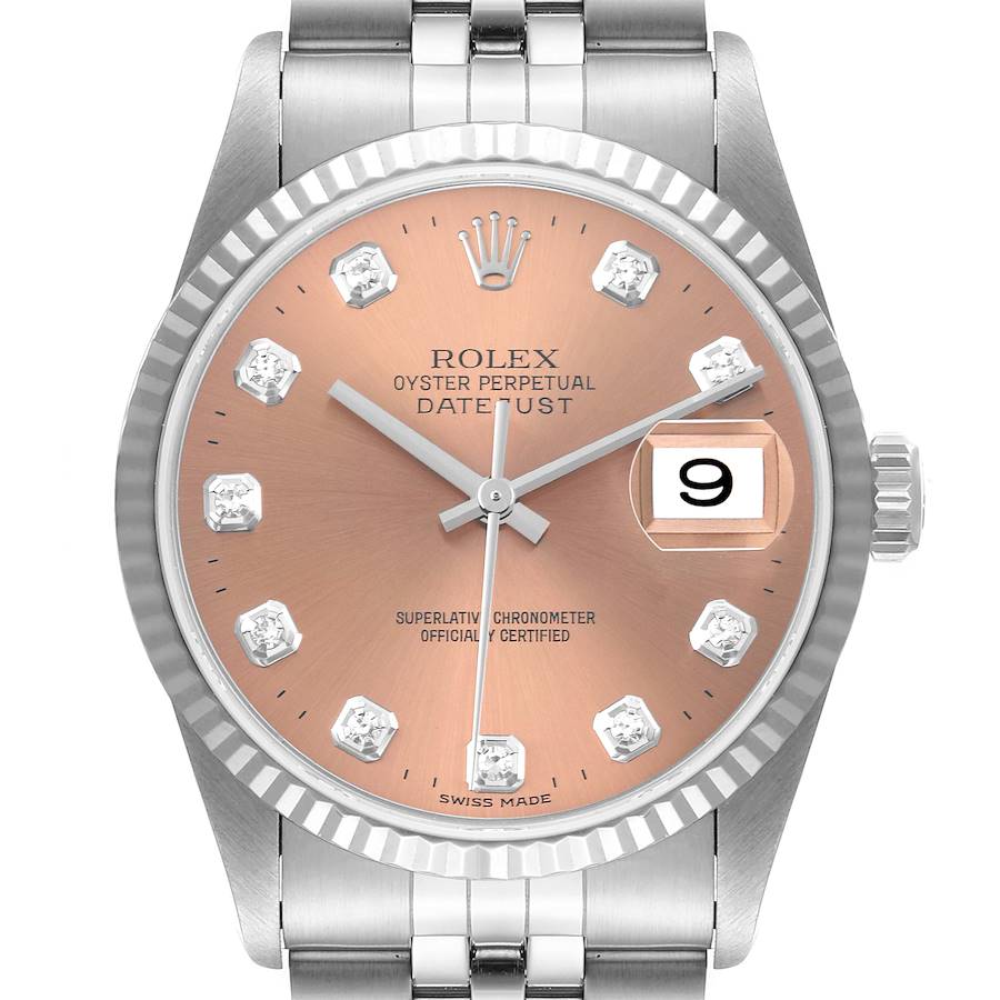 The Rolex Datejust watch is shown from a front angle, highlighting the dial, bezel, and part of the bracelet.