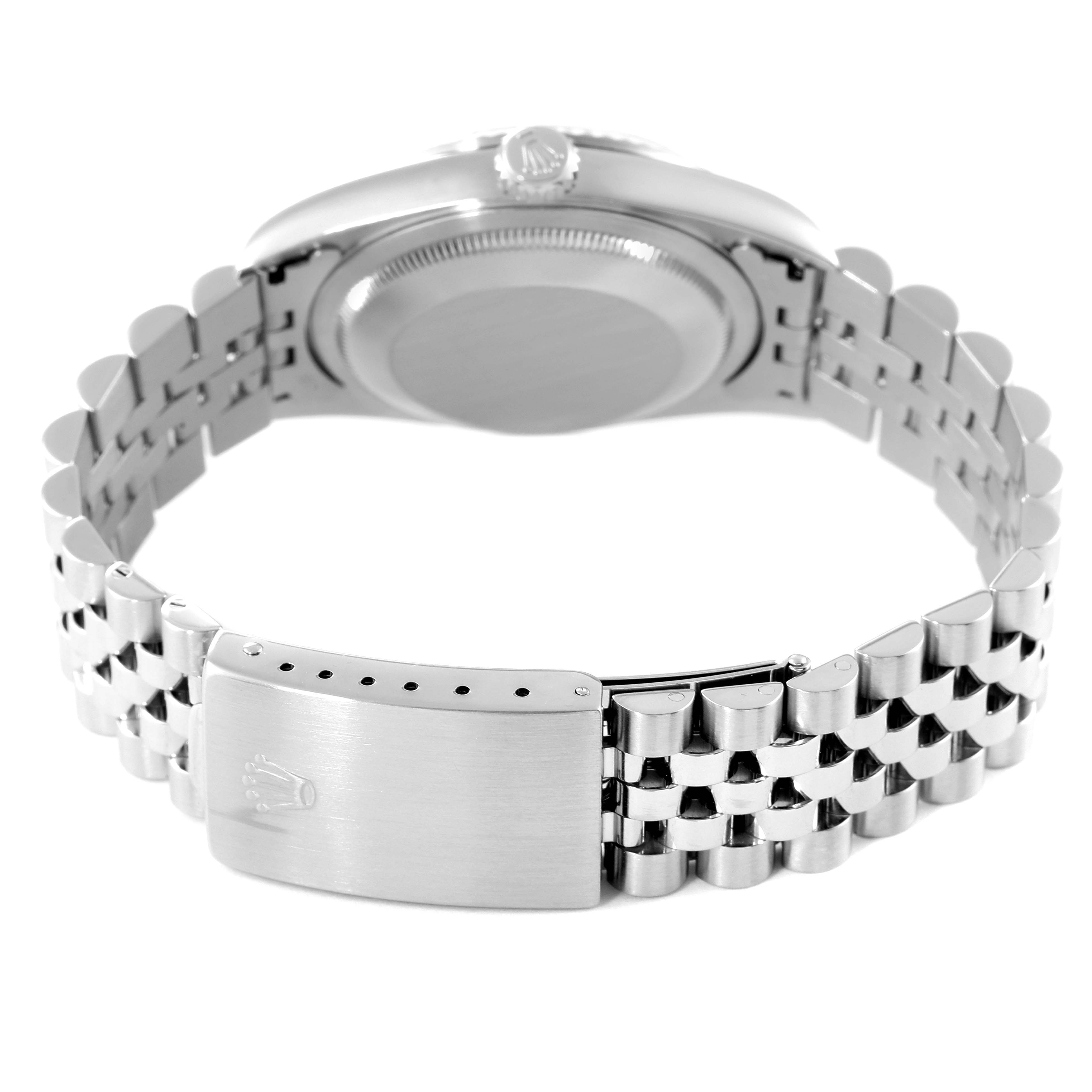 The Rolex Datejust 16234 Men
s Stainless Steel Pink Dial 16234 Men
s Stainless Steel Pink Dial watch is shown from the side, focusing on the back, bracelet, and clasp.