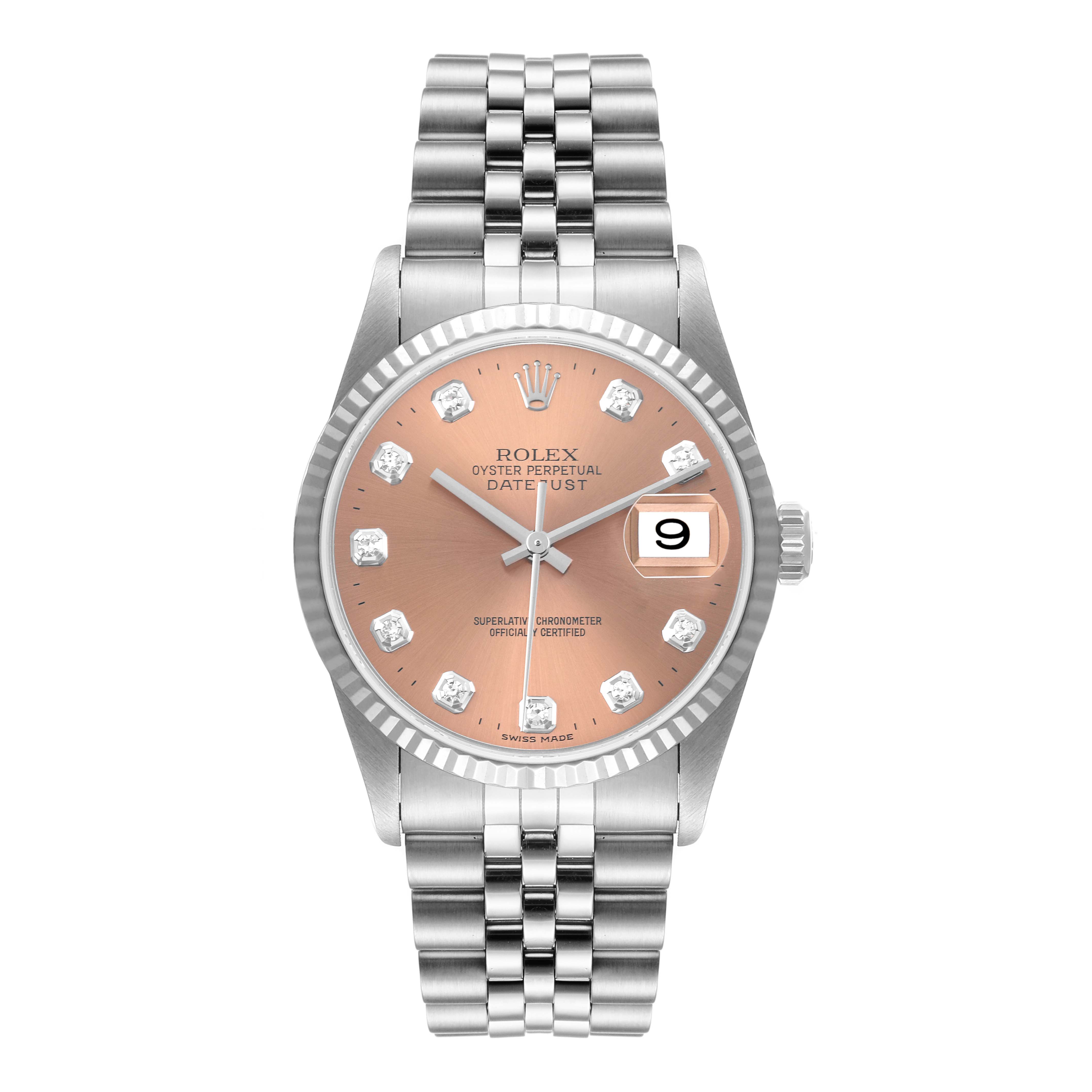 The image shows a Rolex Datejust 16234 Men
s Stainless Steel Pink Dial 16234 Men
s Stainless Steel Pink Dial watch from a front angle, highlighting the dial, bezel, and bracelet.