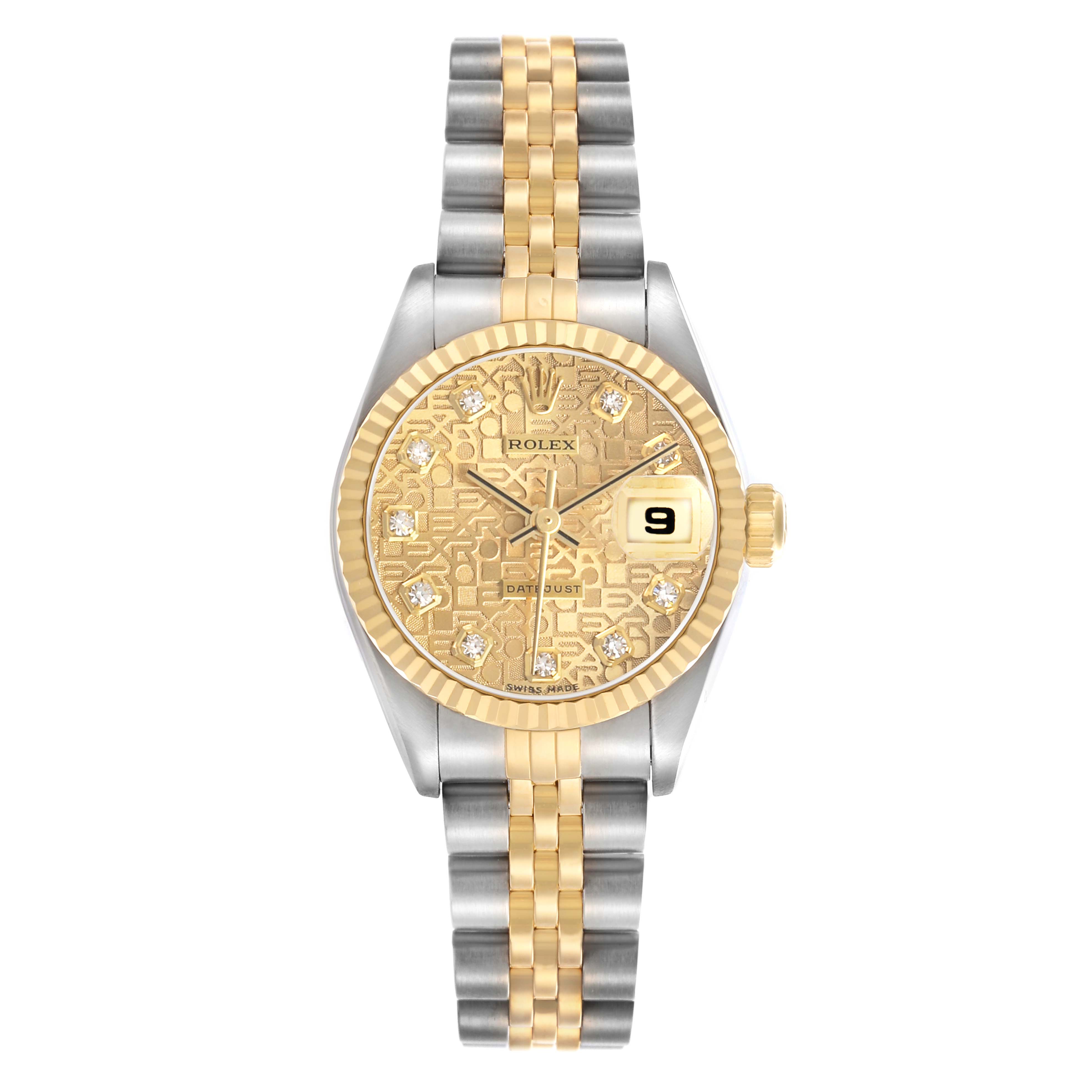 The Rolex Datejust 79173 Women's Steel and Gold (two tone) Champagne Dial watch is shown from the front, displaying its gold dial, fluted bezel, two-tone Jubilee bracelet, and date feature.