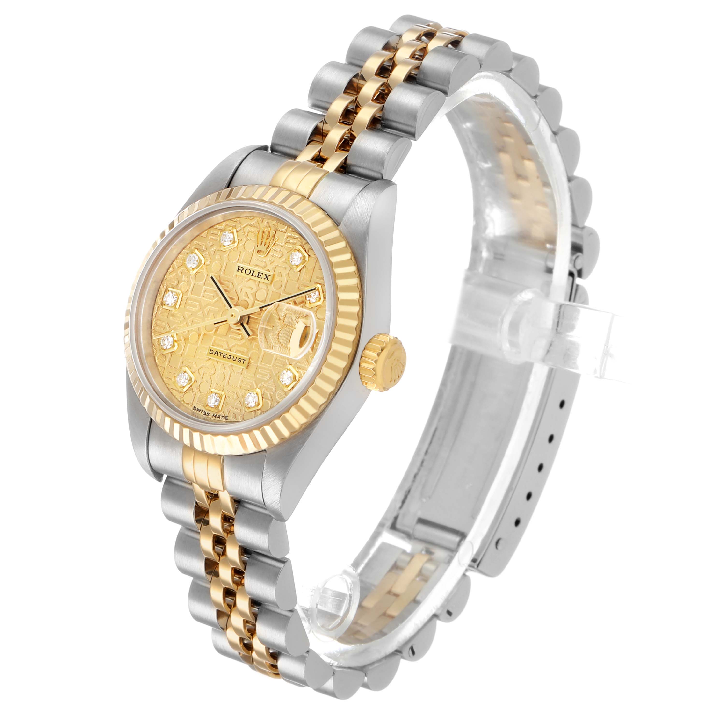 The Rolex Datejust 79173 Women's Steel and Gold (two tone) Champagne Dial watch is shown at a slight angle, highlighting the face, bezel, crown, and bracelet.
