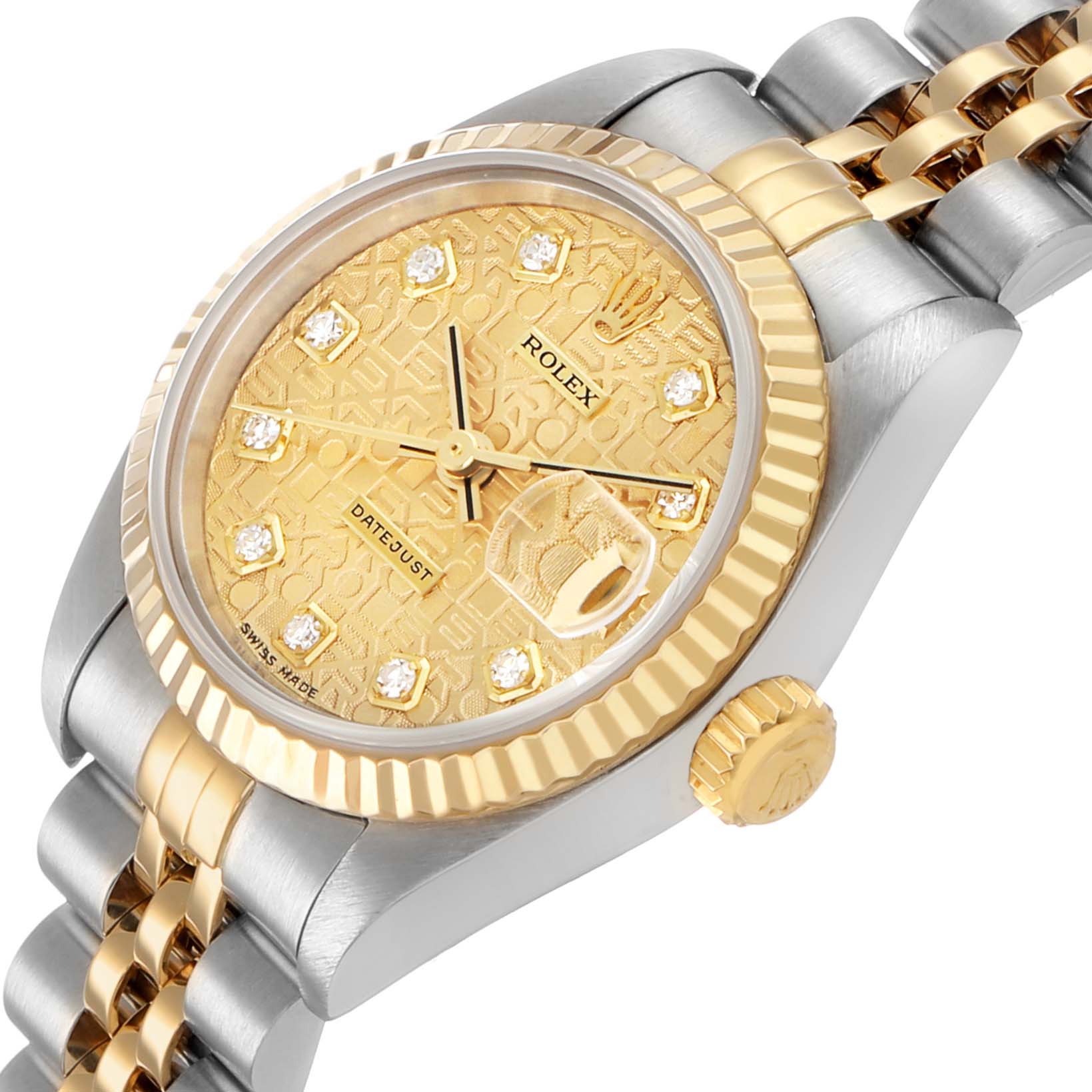 The Rolex Datejust 79173 Women's Steel and Gold (two tone) Champagne Dial watch is shown at a slight angle, highlighting the bezel, crown, dial, and two-tone bracelet.