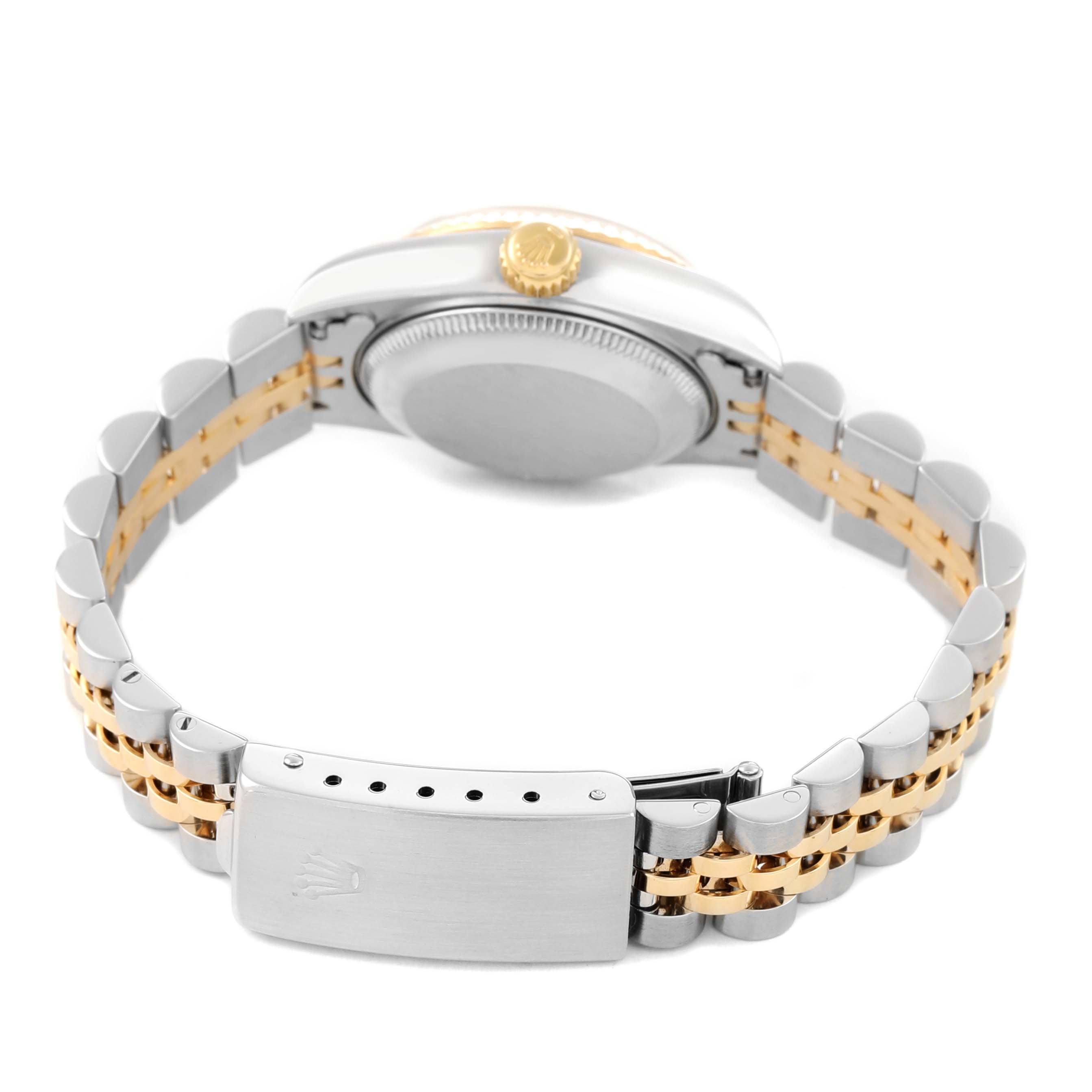 The Rolex Datejust 79173 Women's Steel and Gold (two tone) Champagne Dial watch is shown from the back, highlighting the clasp, bracelet, and case edge.