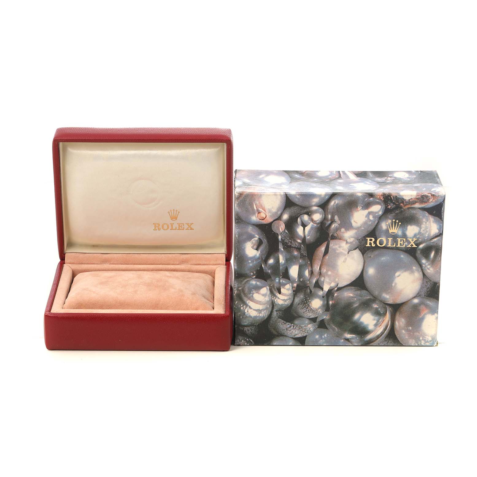 The image shows a Rolex Datejust 79173 Women's Steel and Gold (two tone) Champagne Dial box and packaging, including an open watch box and outer box with a pearl design.