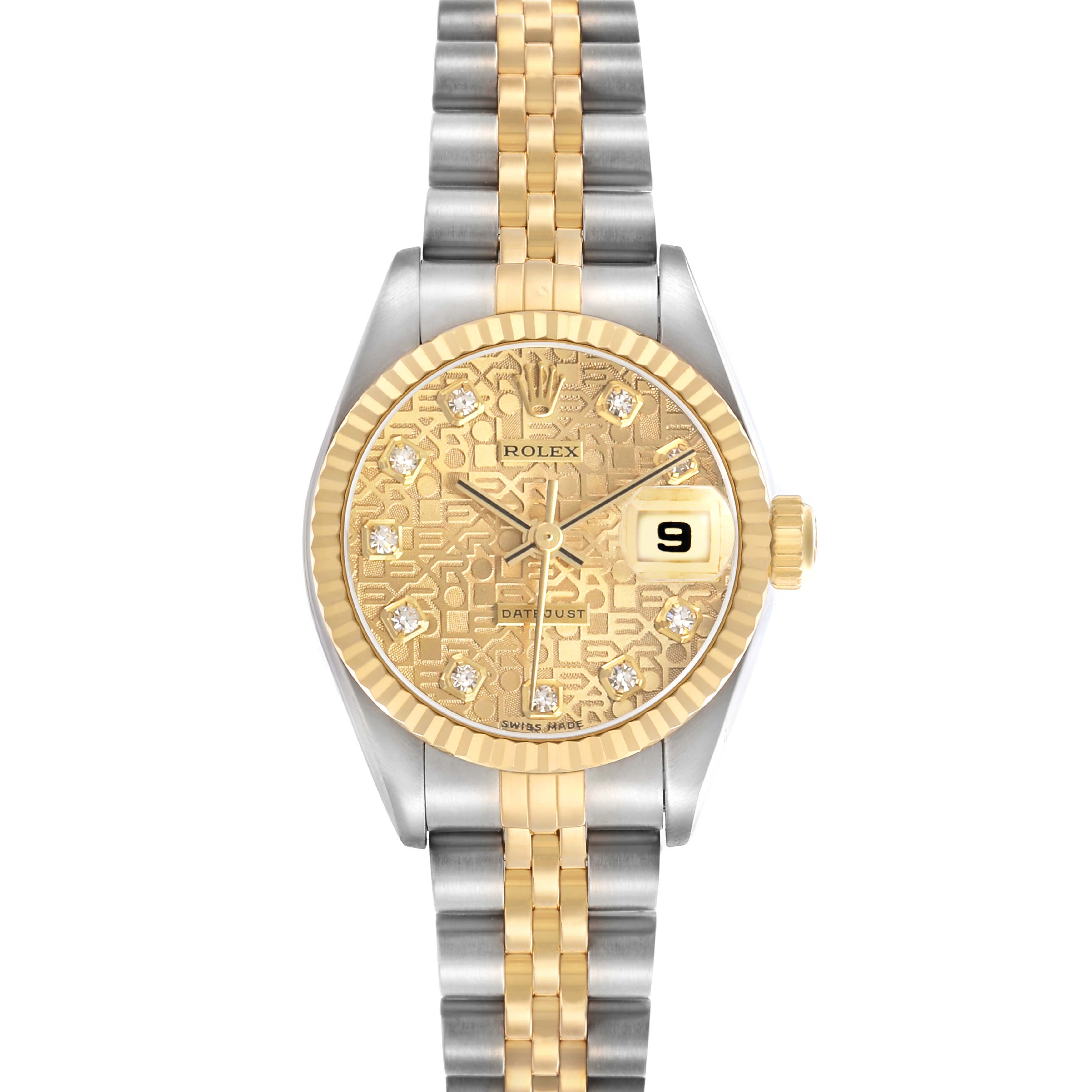 The Rolex Datejust 79173 Women's Steel and Gold (two tone) Champagne Dial watch is shown from the front, featuring a gold dial, diamond hour markers, and a two-tone Jubilee bracelet.