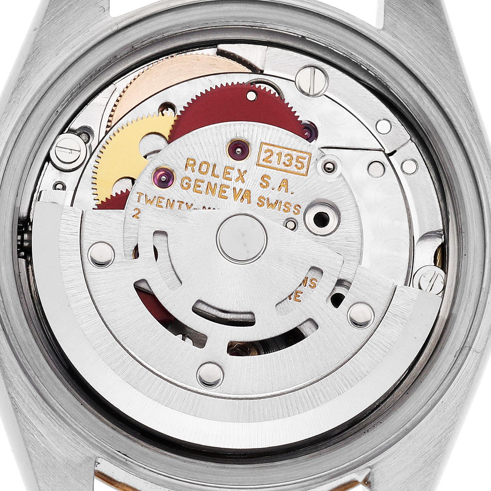 The image shows the internal mechanical movement of a Rolex Datejust 69173 Women
s Steel and Gold (two tone) Champagne Dial 69173 Women
s Steel and Gold (two tone) Champagne Dial, viewed from the back.