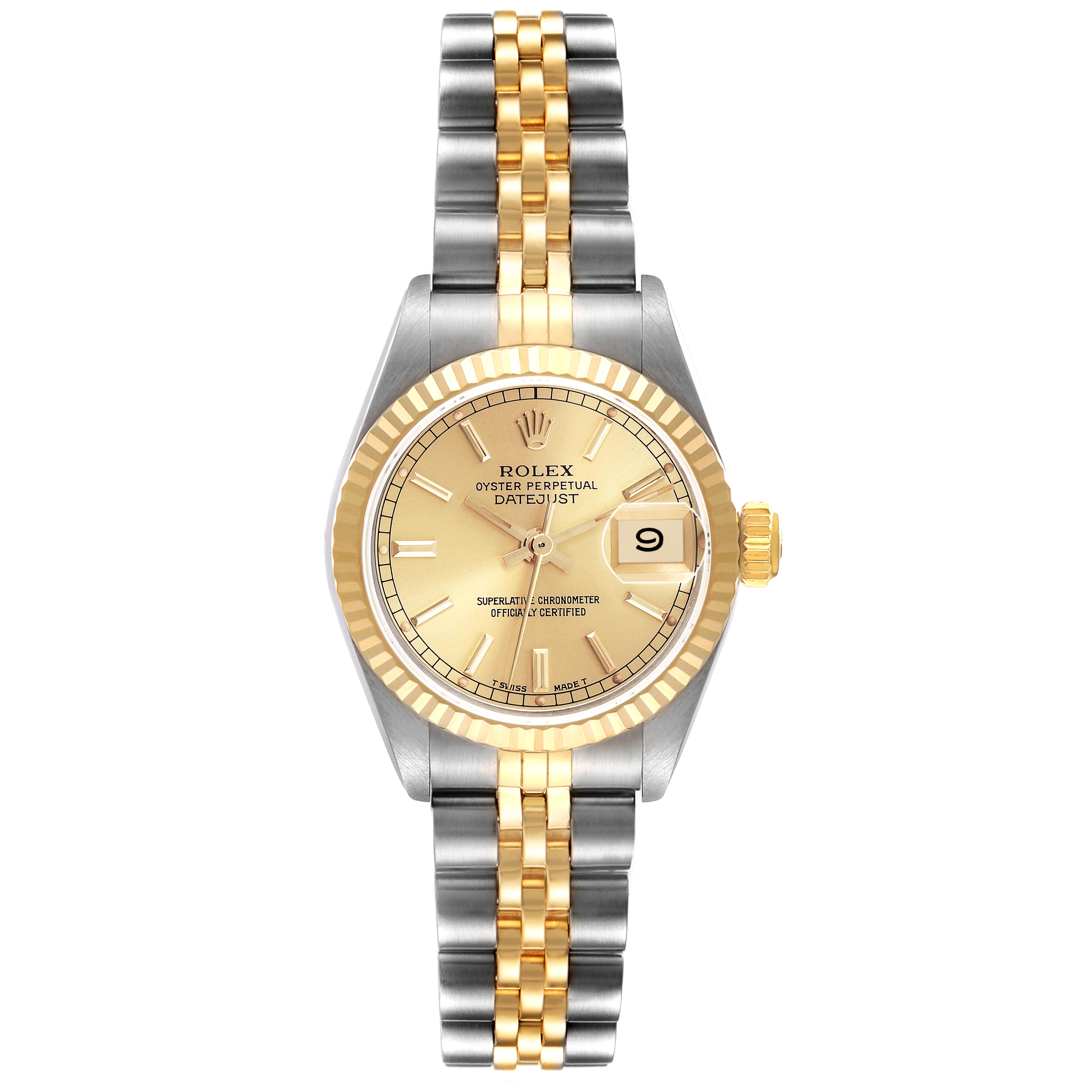 This Rolex Datejust 69173 Women
s Steel and Gold (two tone) Champagne Dial 69173 Women
s Steel and Gold (two tone) Champagne Dial watch is shown from a top-down angle, displaying the face, bezel, crown, and bracelet.
