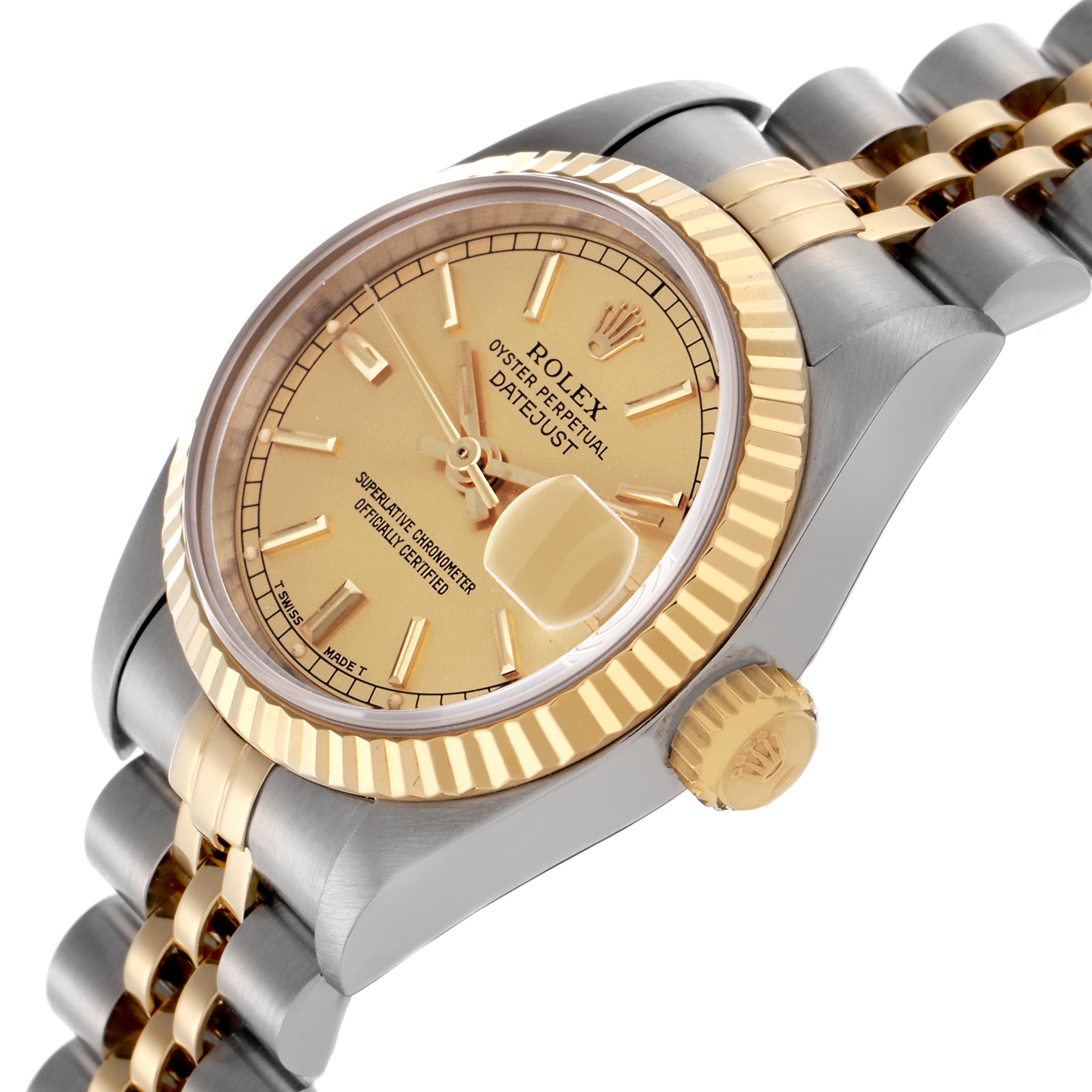 The Rolex Datejust 69173 Women
s Steel and Gold (two tone) Champagne Dial 69173 Women
s Steel and Gold (two tone) Champagne Dial watch is shown at an angle highlighting the dial, bezel, crown, and part of the bracelet.