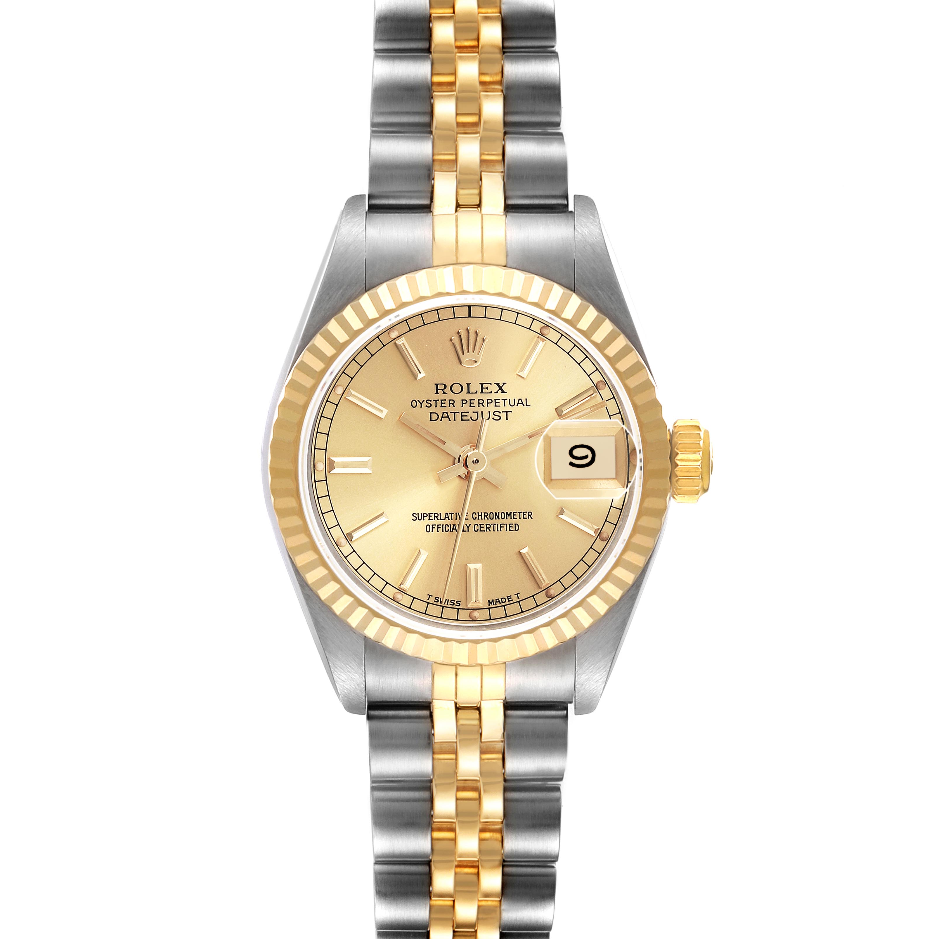 The Rolex Datejust 69173 Women
s Steel and Gold (two tone) Champagne Dial 69173 Women
s Steel and Gold (two tone) Champagne Dial watch is shown from a top-down angle displaying its dial, fluted bezel, two-tone bracelet, and date feature.