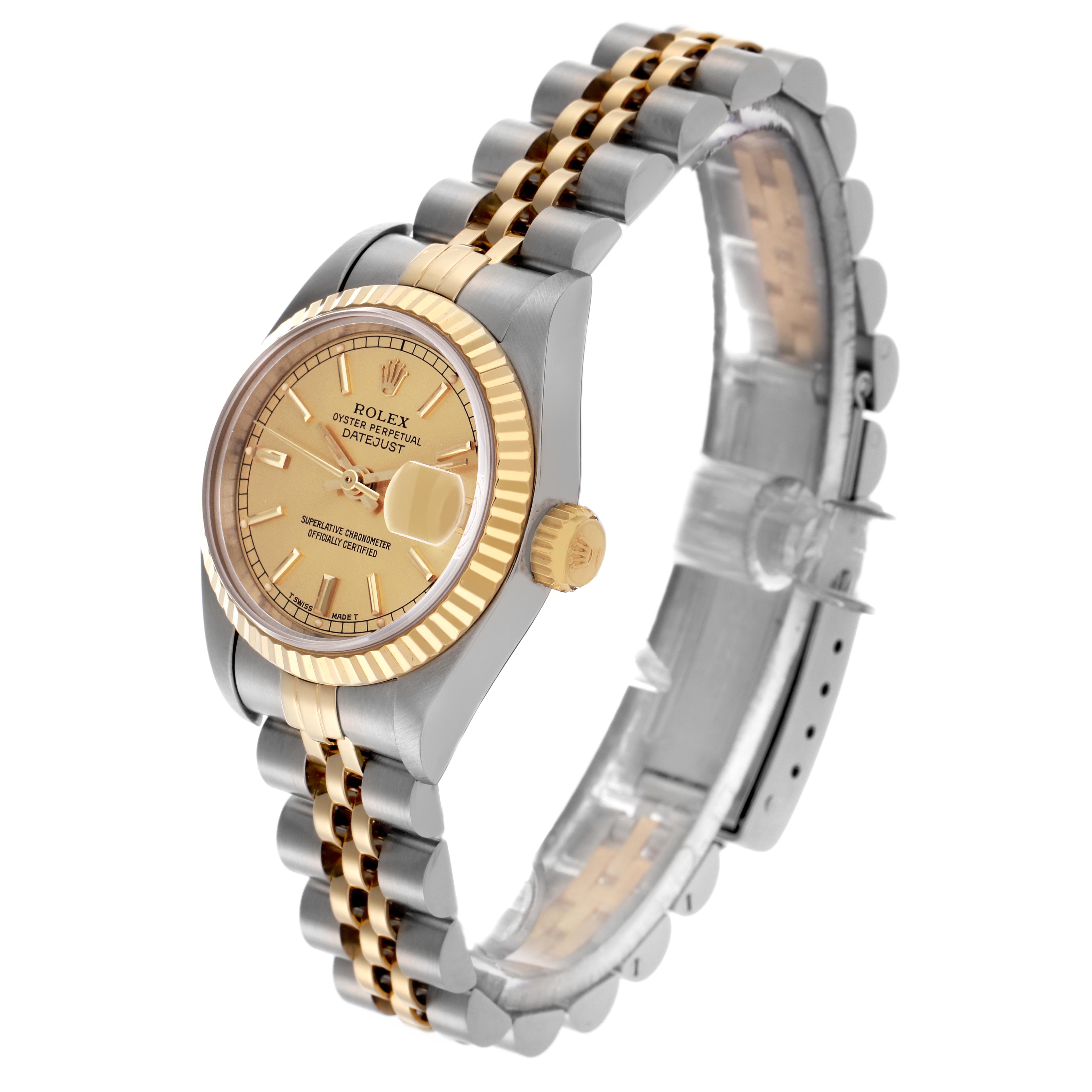 The Rolex Datejust 69173 Women
s Steel and Gold (two tone) Champagne Dial 69173 Women
s Steel and Gold (two tone) Champagne Dial watch is shown at a slight angle, highlighting the dial, bezel, jubilee bracelet, and crown.