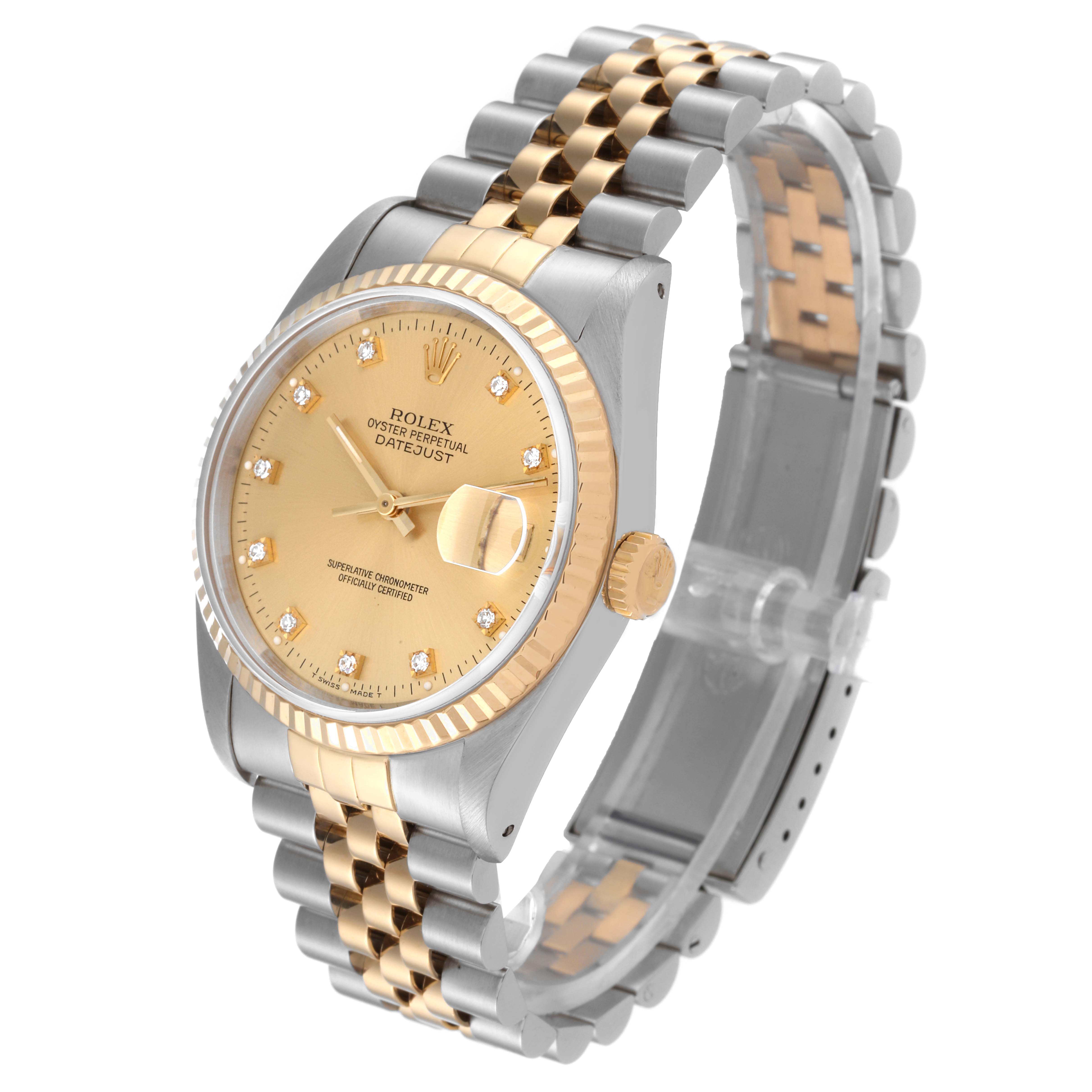 The Rolex Datejust 16233 Men
s Steel and Gold (two tone) Champagne Dial 16233 Men
s Steel and Gold (two tone) Champagne Dial watch is shown at a three-quarter angle, displaying the face, crown, bezel, and two-tone bracelet.