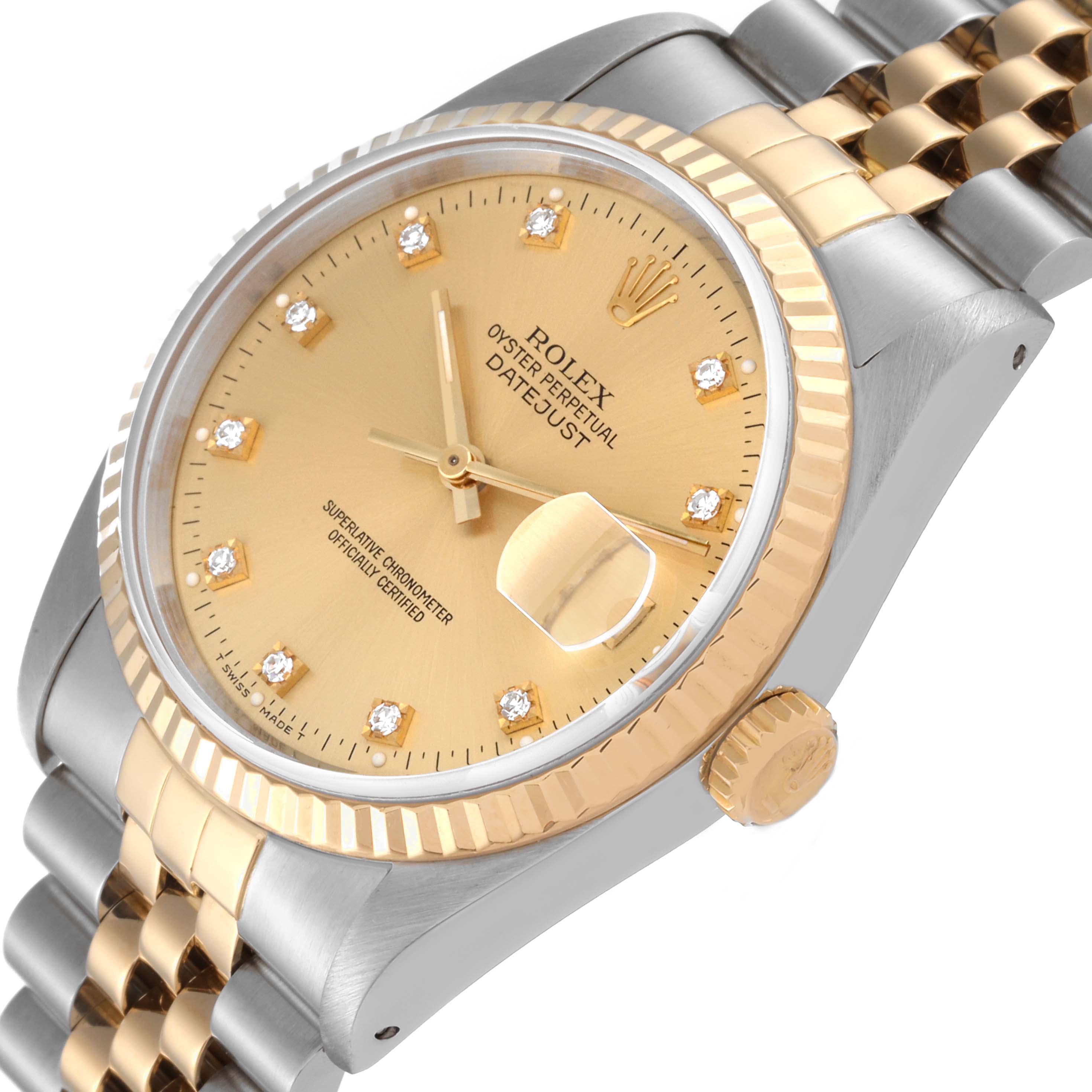 The Rolex Datejust 16233 Men
s Steel and Gold (two tone) Champagne Dial 16233 Men
s Steel and Gold (two tone) Champagne Dial watch is shown at an angled view, highlighting the bezel, crown, dial, and part of the bracelet.