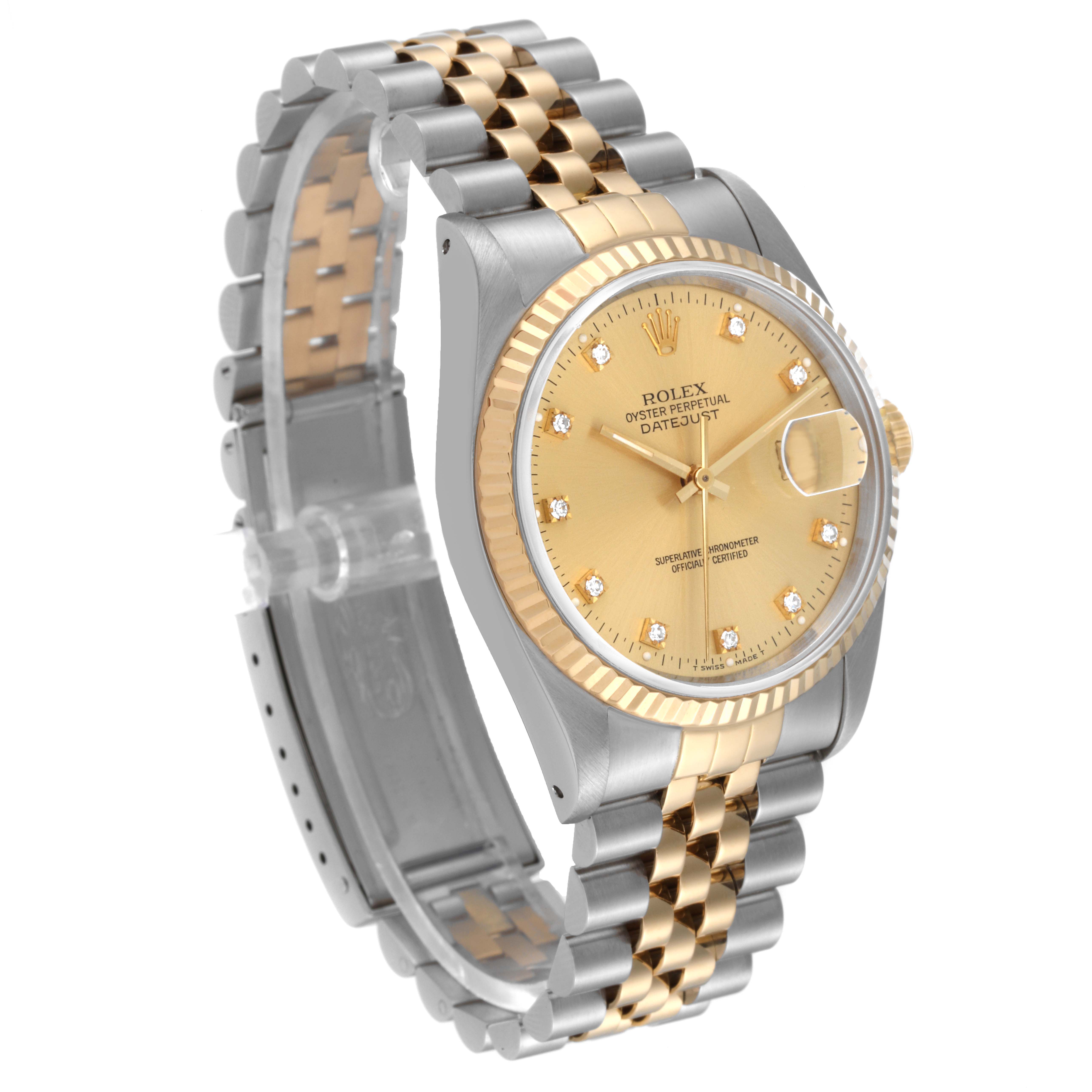 The Rolex Datejust 16233 Men
s Steel and Gold (two tone) Champagne Dial 16233 Men
s Steel and Gold (two tone) Champagne Dial watch is shown at a three-quarter angle, displaying the dial, case, bezel, and bracelet.