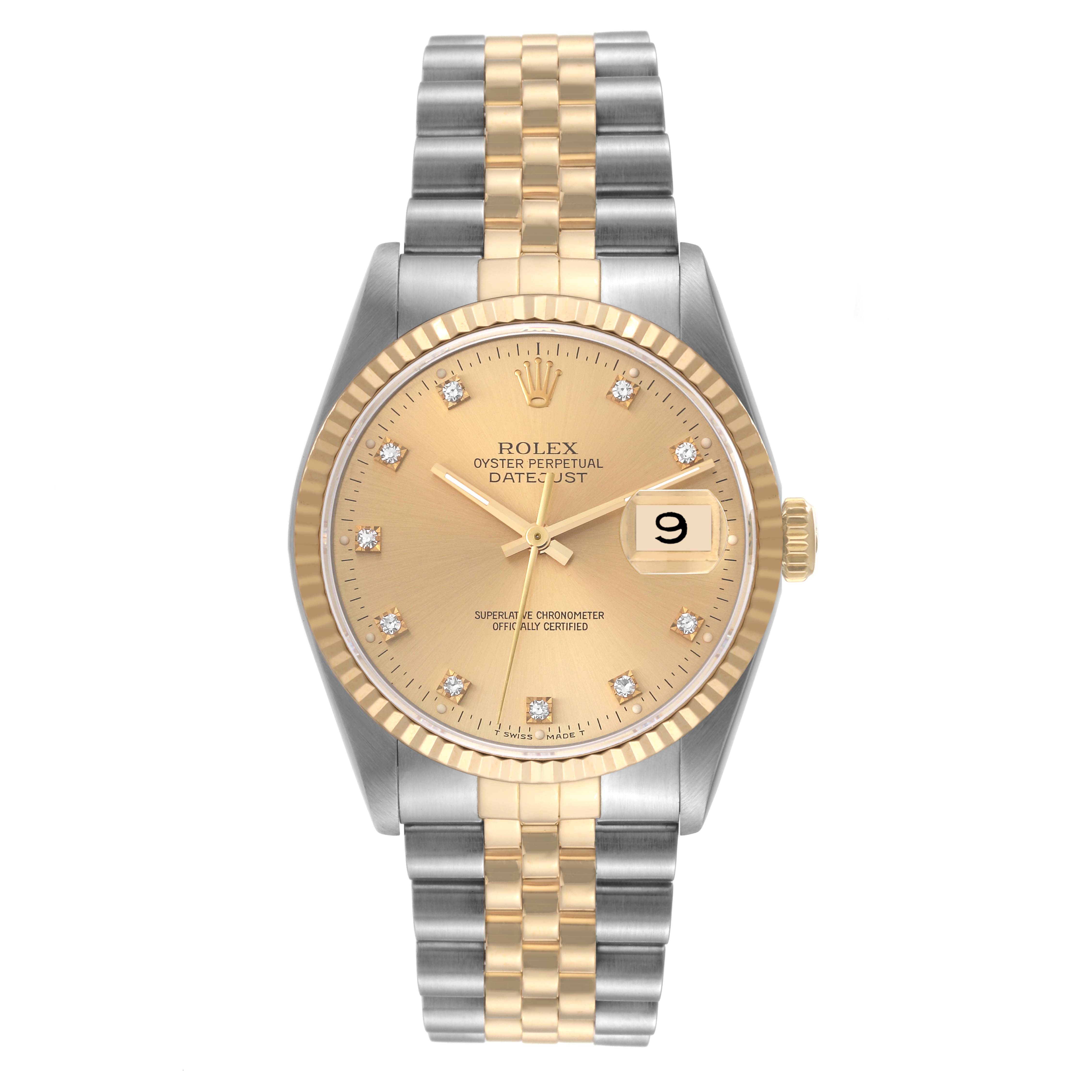 The Rolex Datejust 16233 Men
s Steel and Gold (two tone) Champagne Dial 16233 Men
s Steel and Gold (two tone) Champagne Dial watch is shown from the front, displaying the dial, bezel, bracelet, and date window.