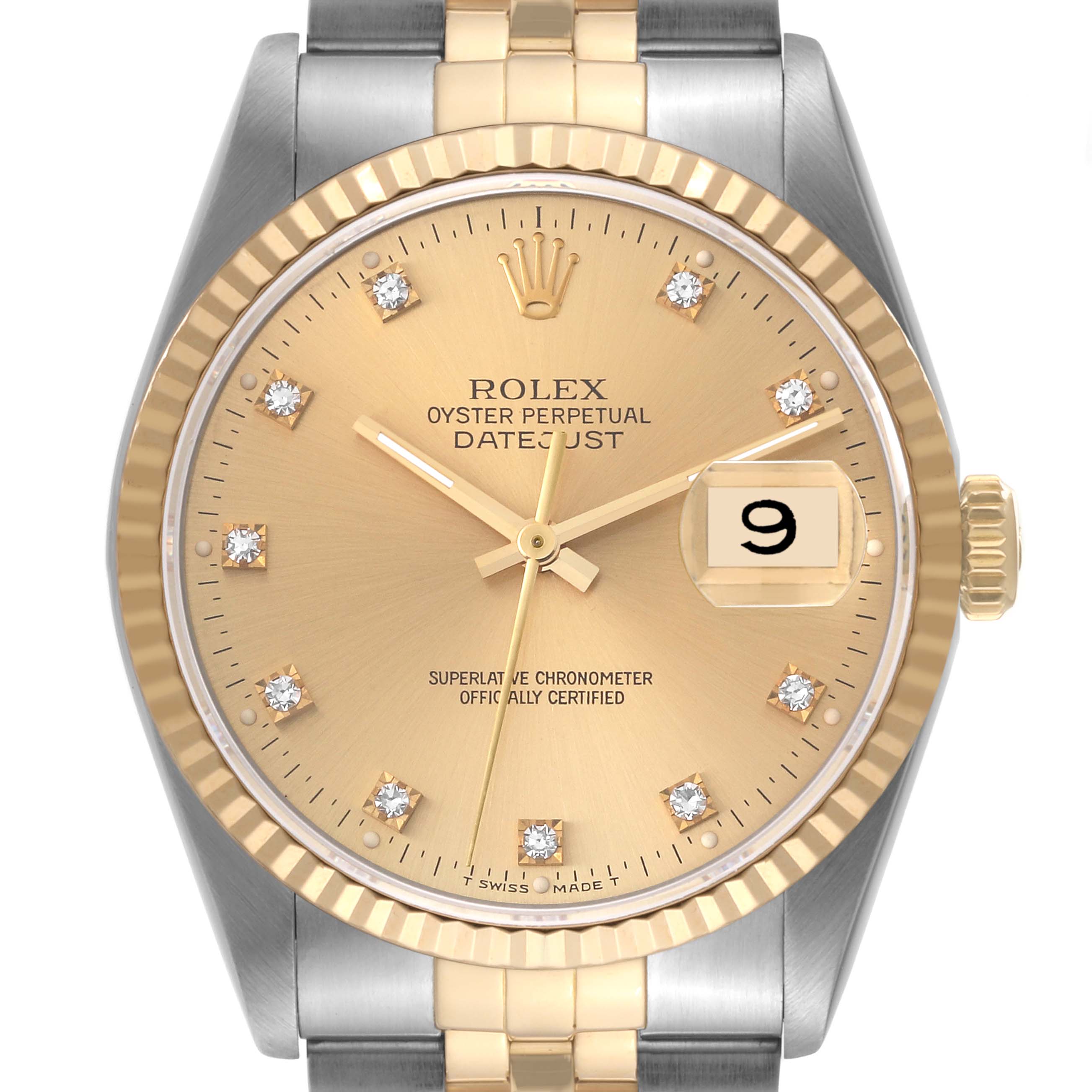 The Rolex Datejust 16233 Men
s Steel and Gold (two tone) Champagne Dial 16233 Men
s Steel and Gold (two tone) Champagne Dial watch is shown from the front, displaying its gold and silver face, diamond indices, and a two-tone bracelet.