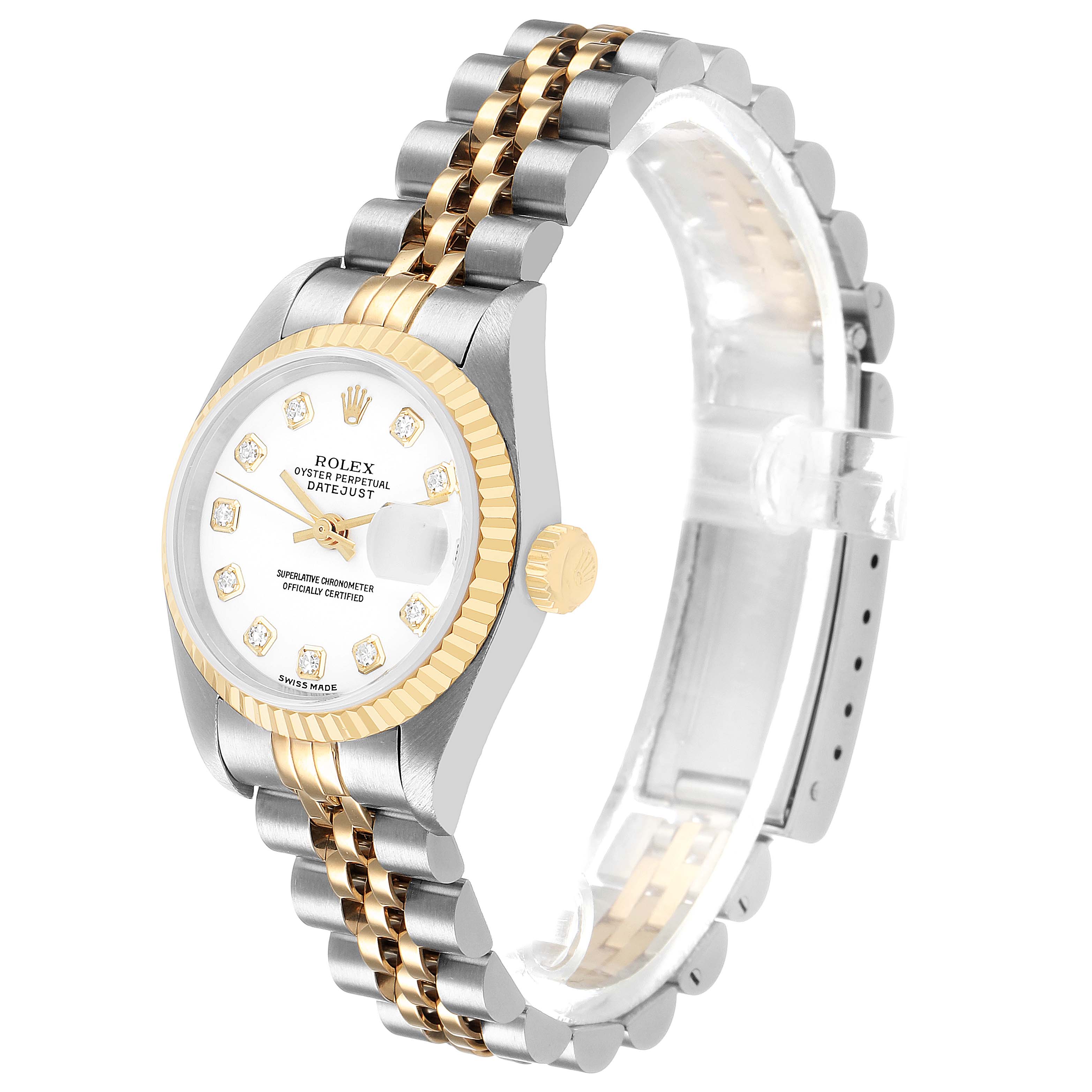 The Rolex Datejust 79173 Women's Steel and Gold (two tone) White Dial watch is shown at a side angle, displaying the dial, bezel, crown, and bracelet.