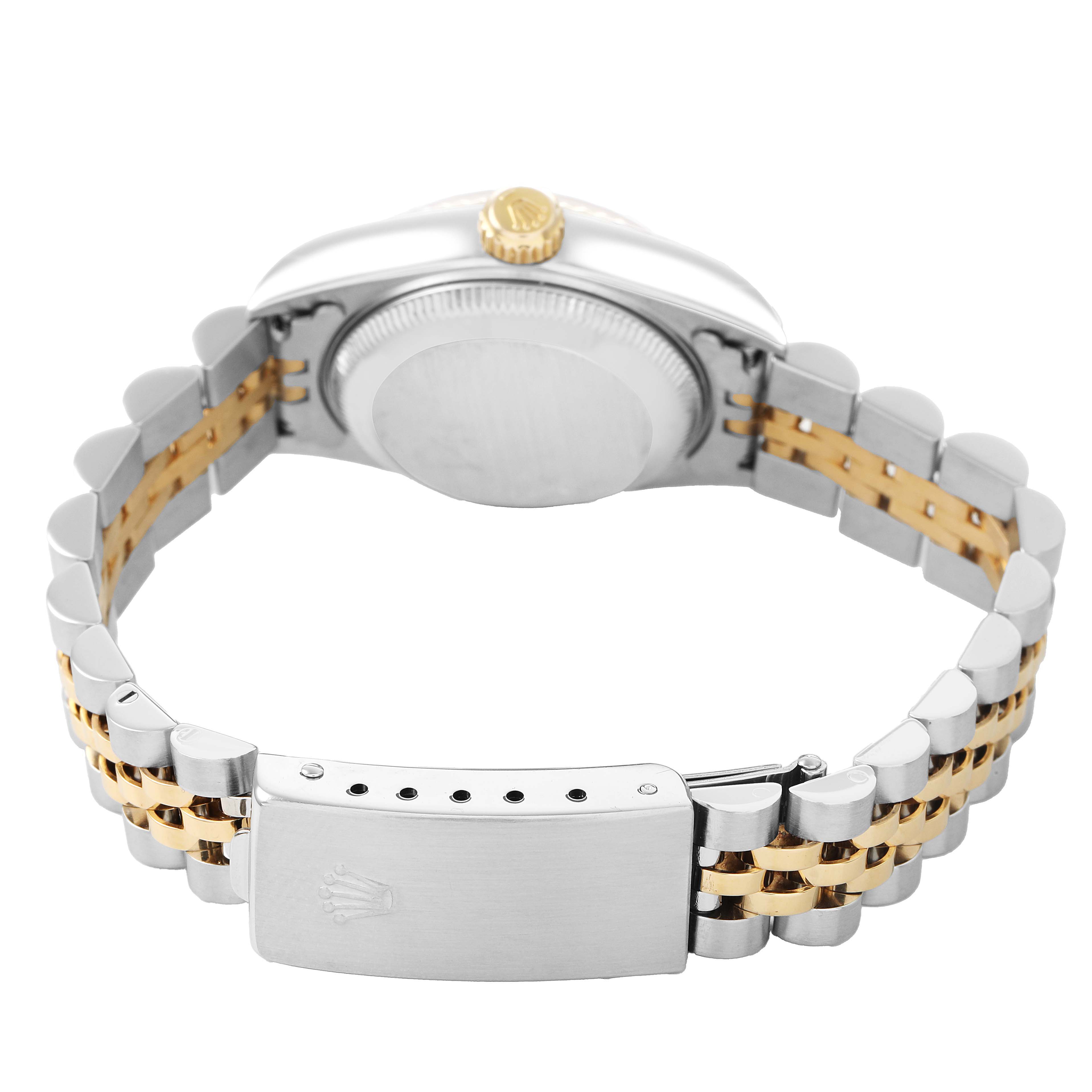 The Rolex Datejust 79173 Women's Steel and Gold (two tone) White Dial is shown from the back, highlighting the clasp, bracelet, case back, and crown.