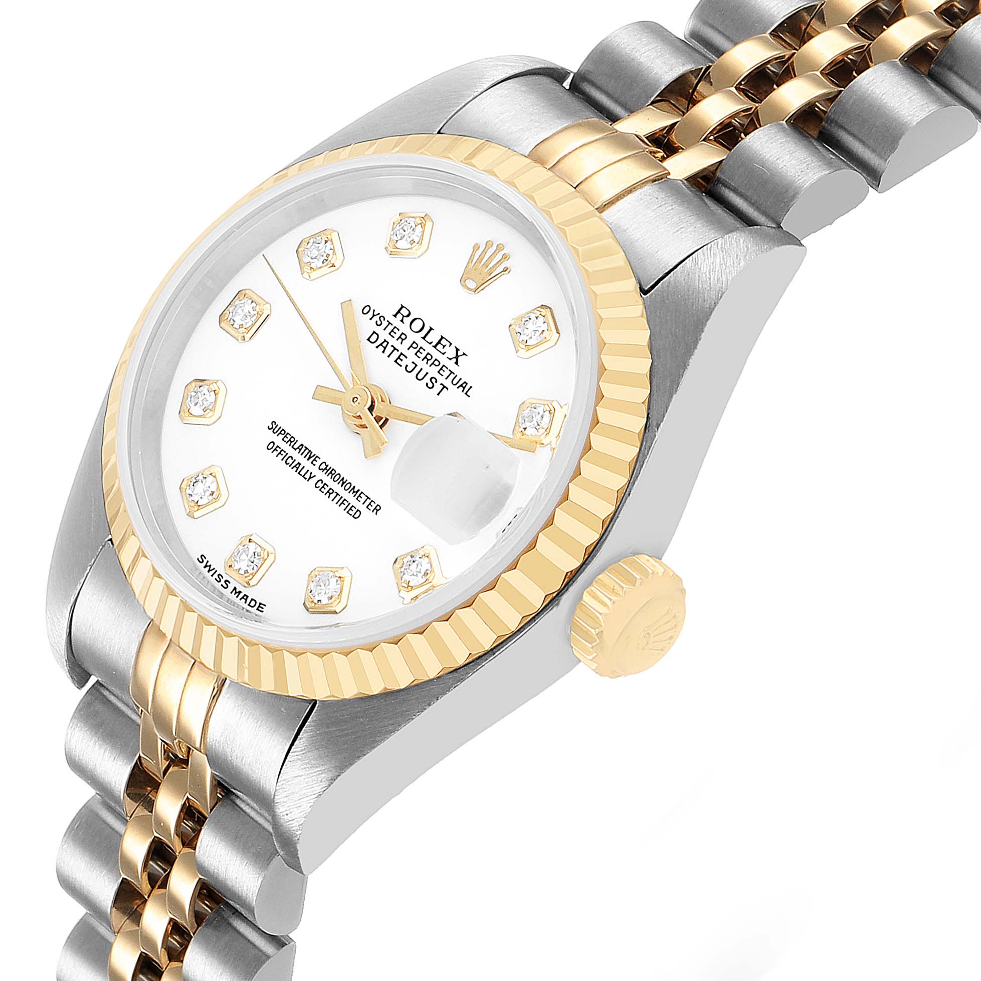 The Rolex Datejust 79173 Women's Steel and Gold (two tone) White Dial watch is shown at a slight angle, highlighting the dial, bezel, crown, and part of the bracelet.