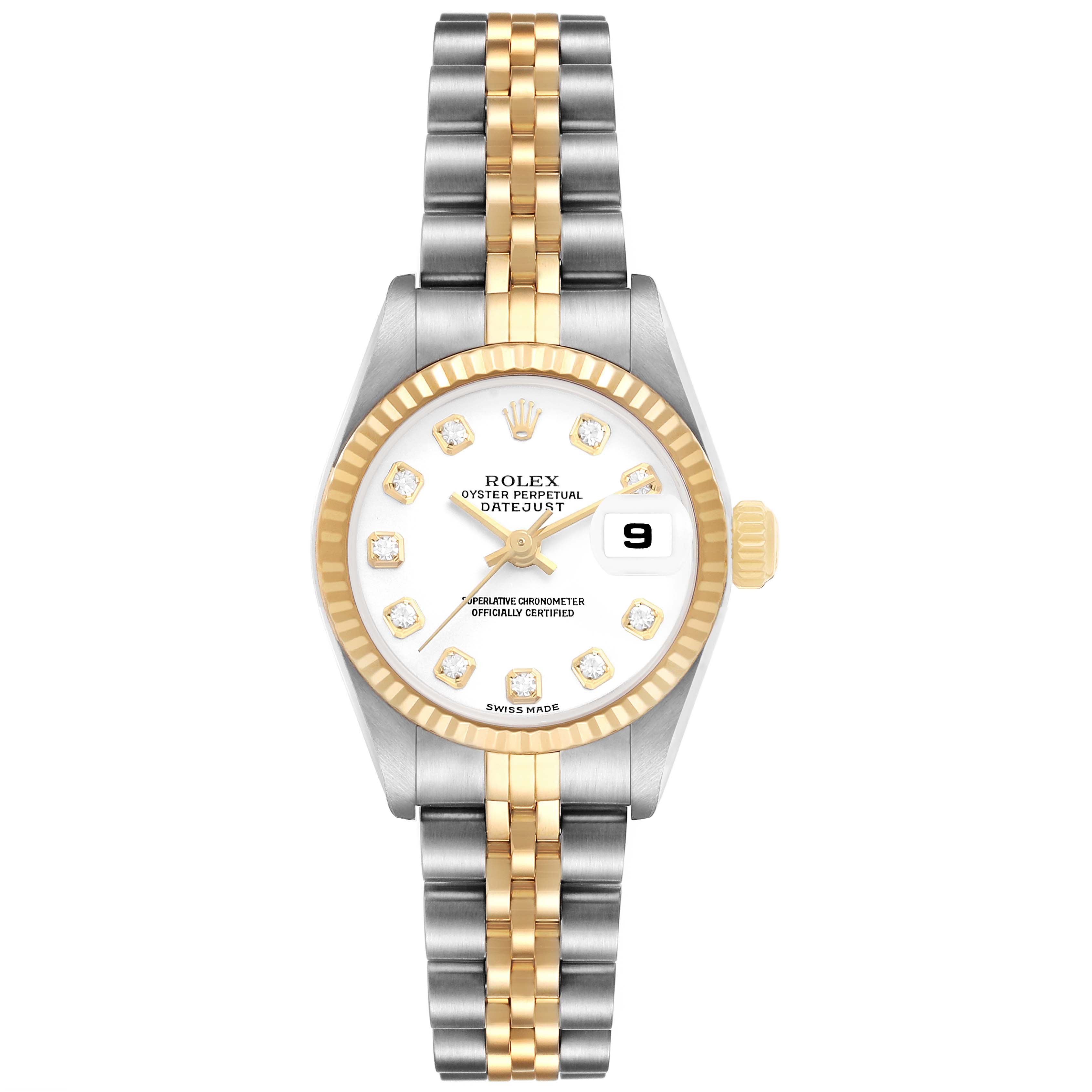 The Rolex Datejust 79173 Women's Steel and Gold (two tone) White Dial watch is shown from a front angle, highlighting its dial, bezel, and two-tone bracelet.