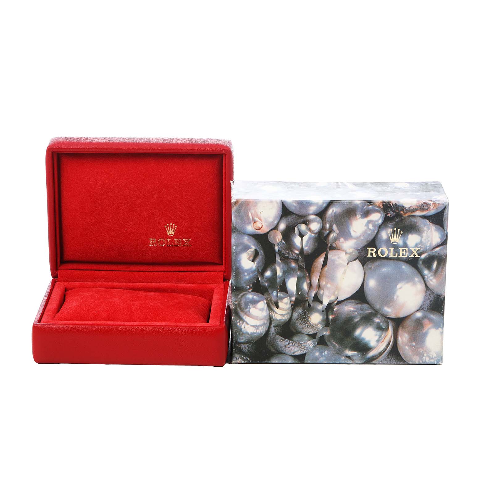 The image shows a Rolex Datejust 79173 Women's Steel and Gold (two tone) White Dial watch box open, alongside a decorative outer box with a pearl design.