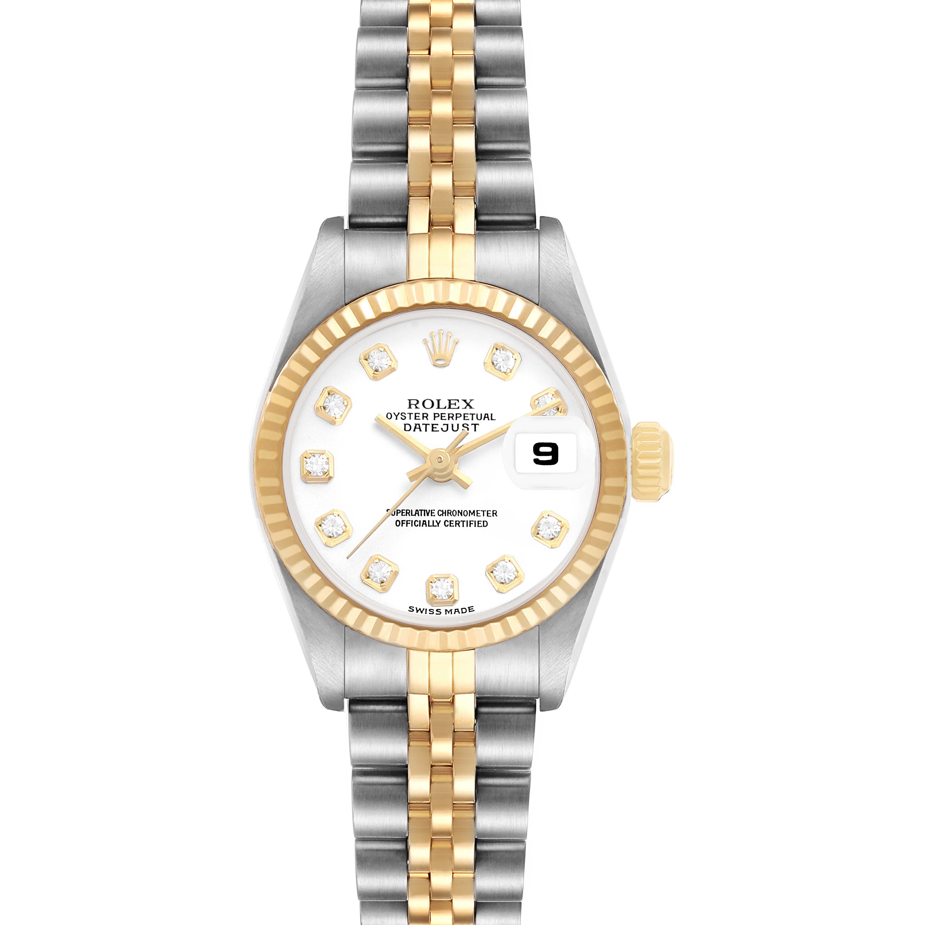 The Rolex Datejust 79173 Women's Steel and Gold (two tone) White Dial watch is shown from the front, displaying its dial, fluted bezel, and two-tone bracelet.