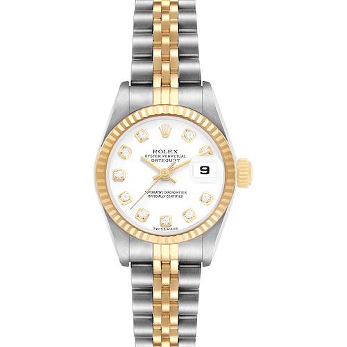 The Rolex Datejust 79173 Women's Steel and Gold (two tone) White Dial watch is shown from the front, highlighting its two-tone bracelet and diamond-accented face.