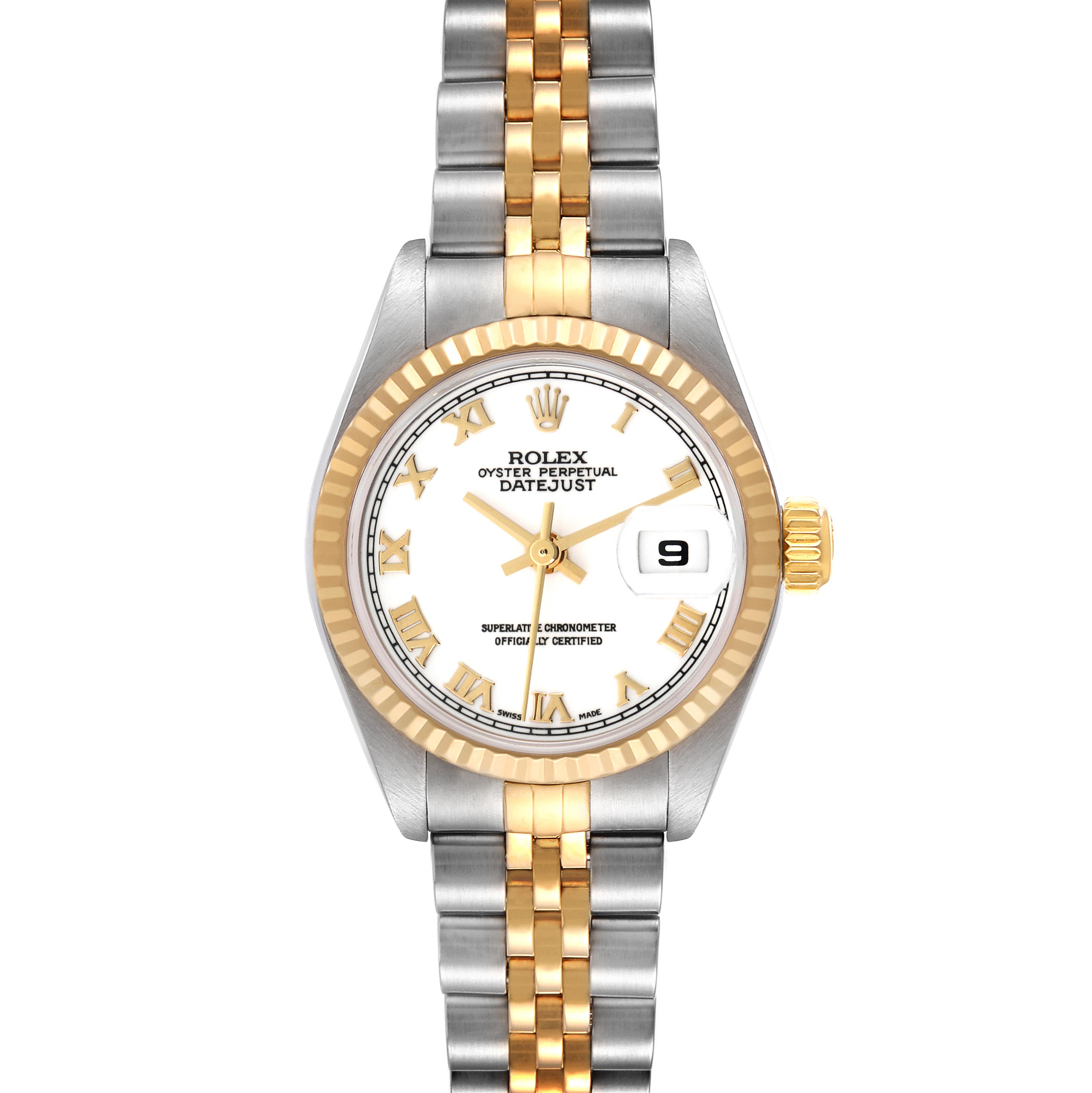 The Rolex Datejust 79173 Women
s Steel and Gold (two tone) White Dial 79173 Women
s Steel and Gold (two tone) White Dial watch is shown from a front angle, displaying the face, bezel, crown, and part of the bracelet.