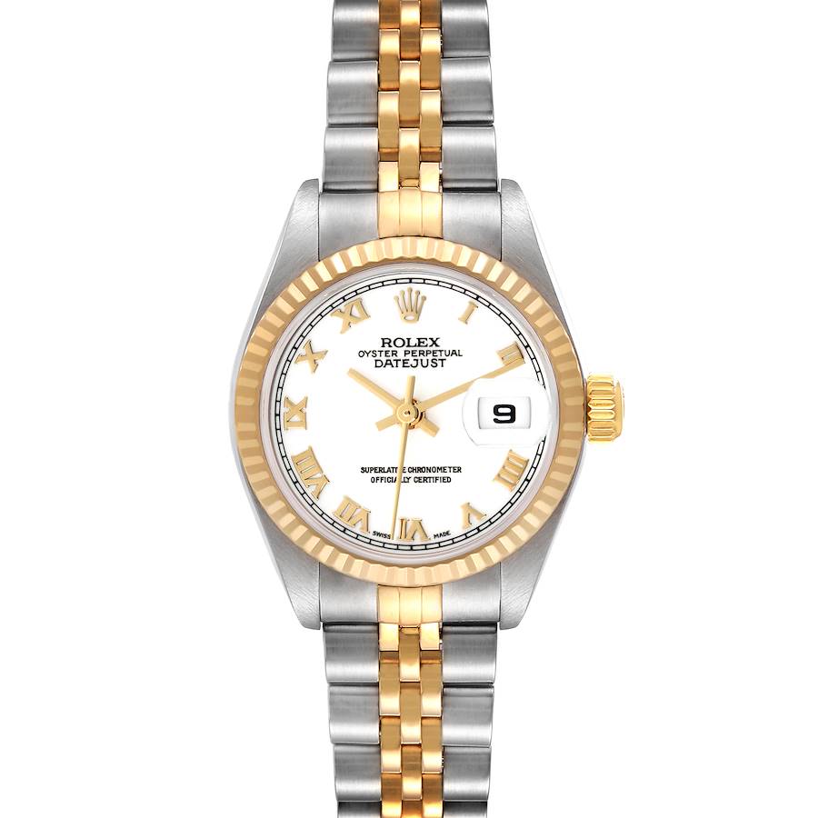 The Rolex Datejust watch is shown from a front angle, displaying the face, bezel, crown, and part of the bracelet.