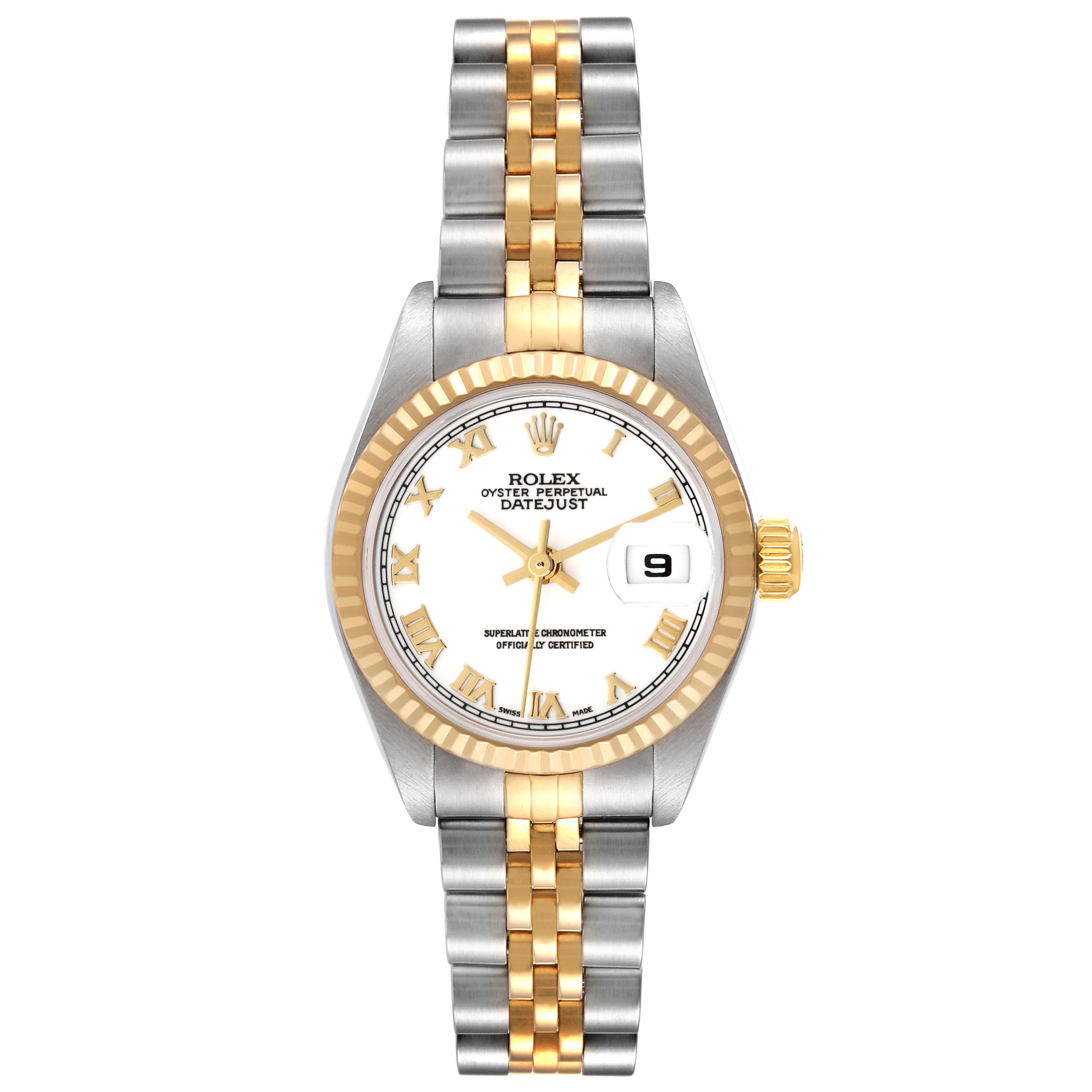 The Rolex Datejust 79173 Women
s Steel and Gold (two tone) White Dial 79173 Women
s Steel and Gold (two tone) White Dial watch is shown from a front angle, highlighting the dial, bezel, and two-tone bracelet.