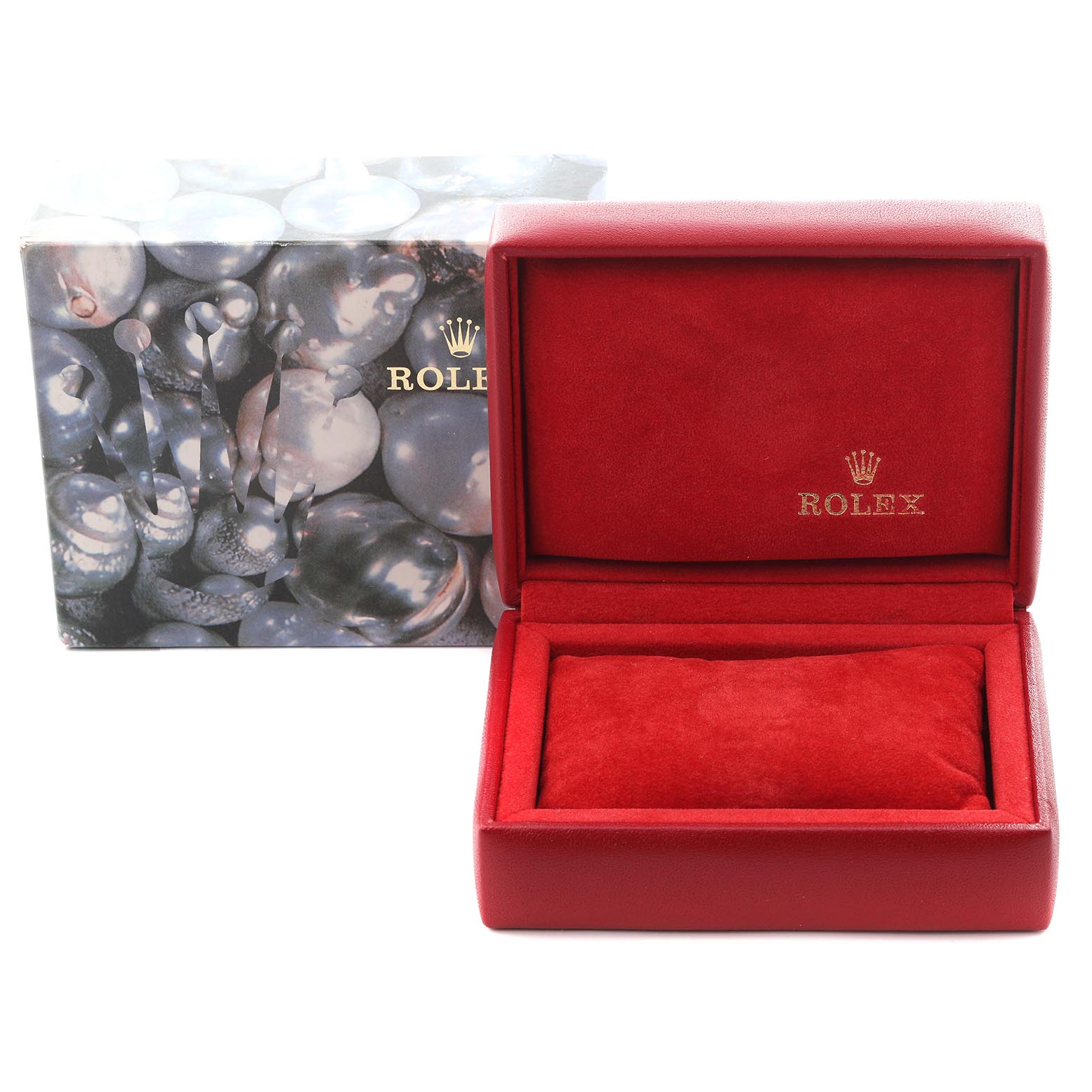 The image shows an open red Rolex watch box with a matching cushion, alongside a decorative outer box.