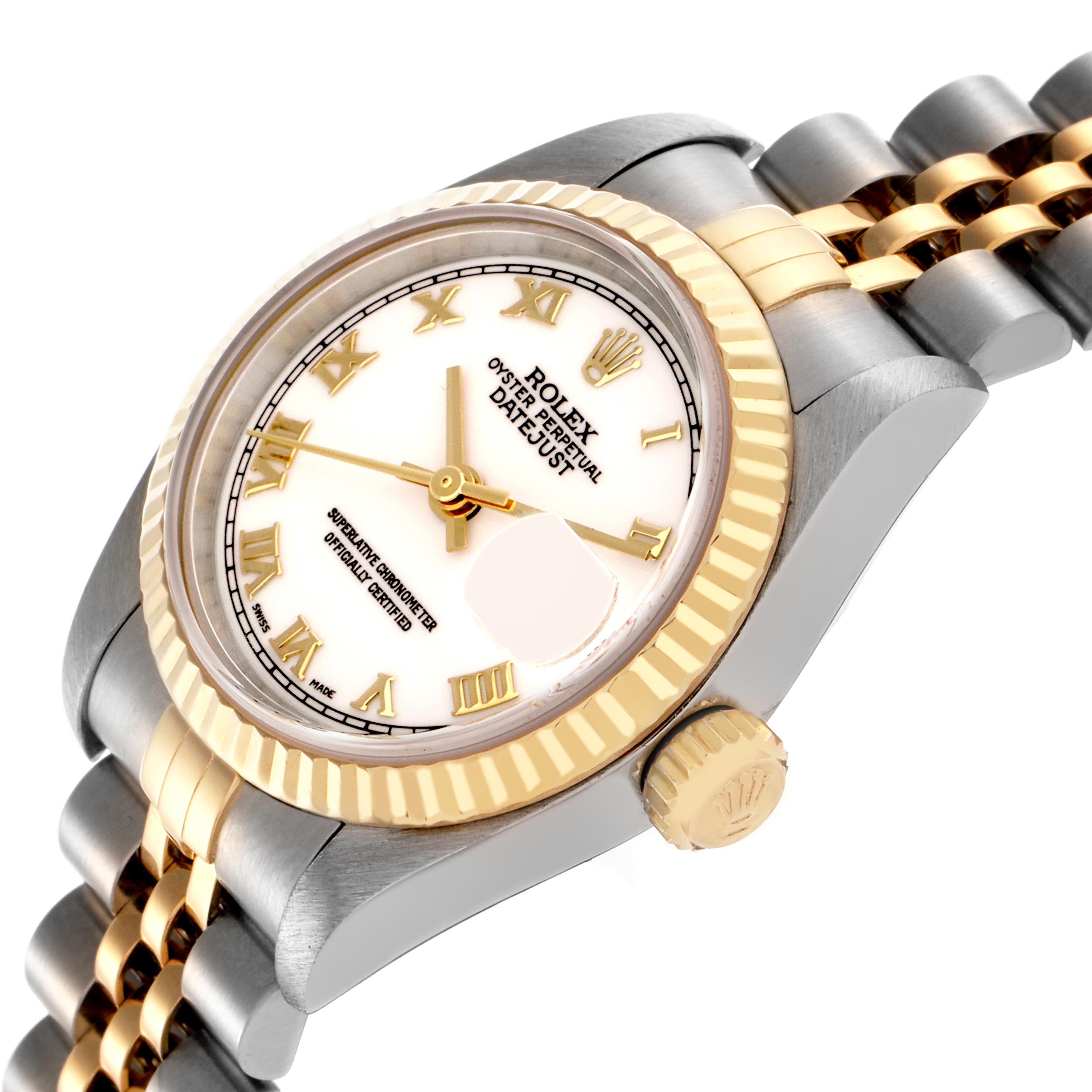 The Rolex Datejust 79173 Women
s Steel and Gold (two tone) White Dial 79173 Women
s Steel and Gold (two tone) White Dial watch is shown at an angled side view, highlighting its face, crown, bezel, and bracelet.