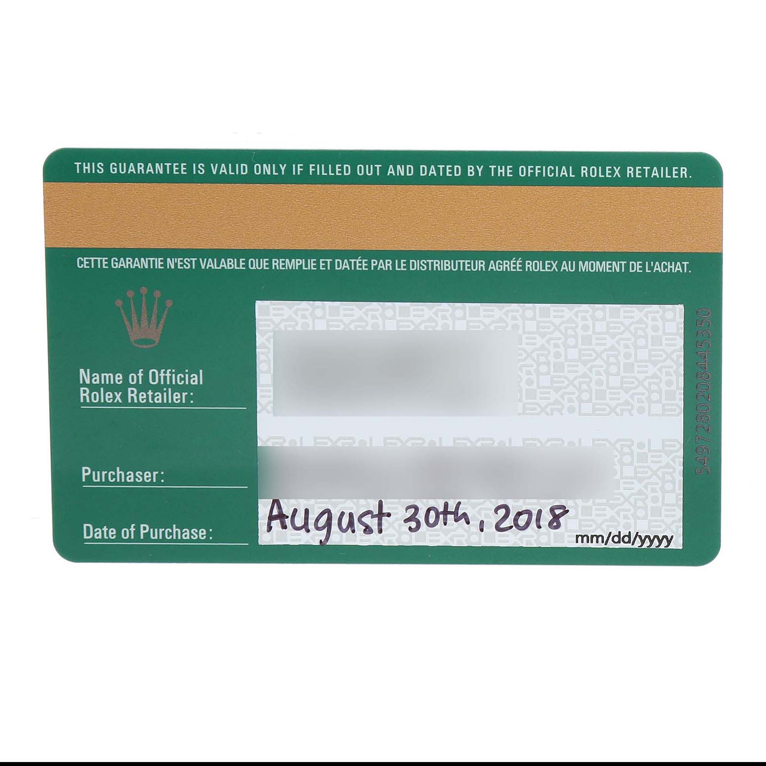 The image shows a warranty card for a Rolex President 228235 Men's Rose Gold Green Dial model, displaying purchase details.