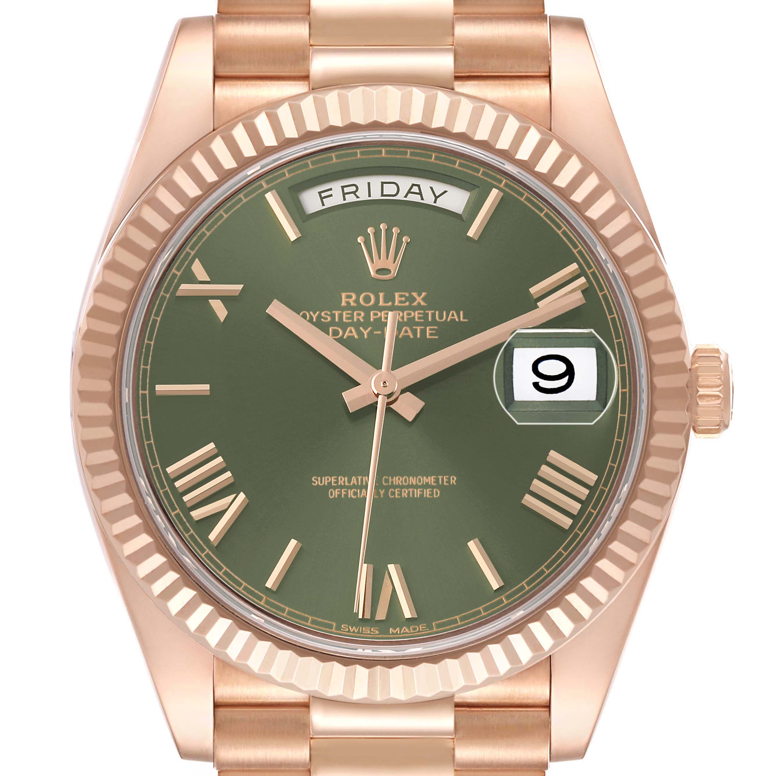 The Rolex President 228235 Men's Rose Gold Green Dial model is shown from a front angle, highlighting the green dial, day-date display, fluted bezel, and bracelet.
