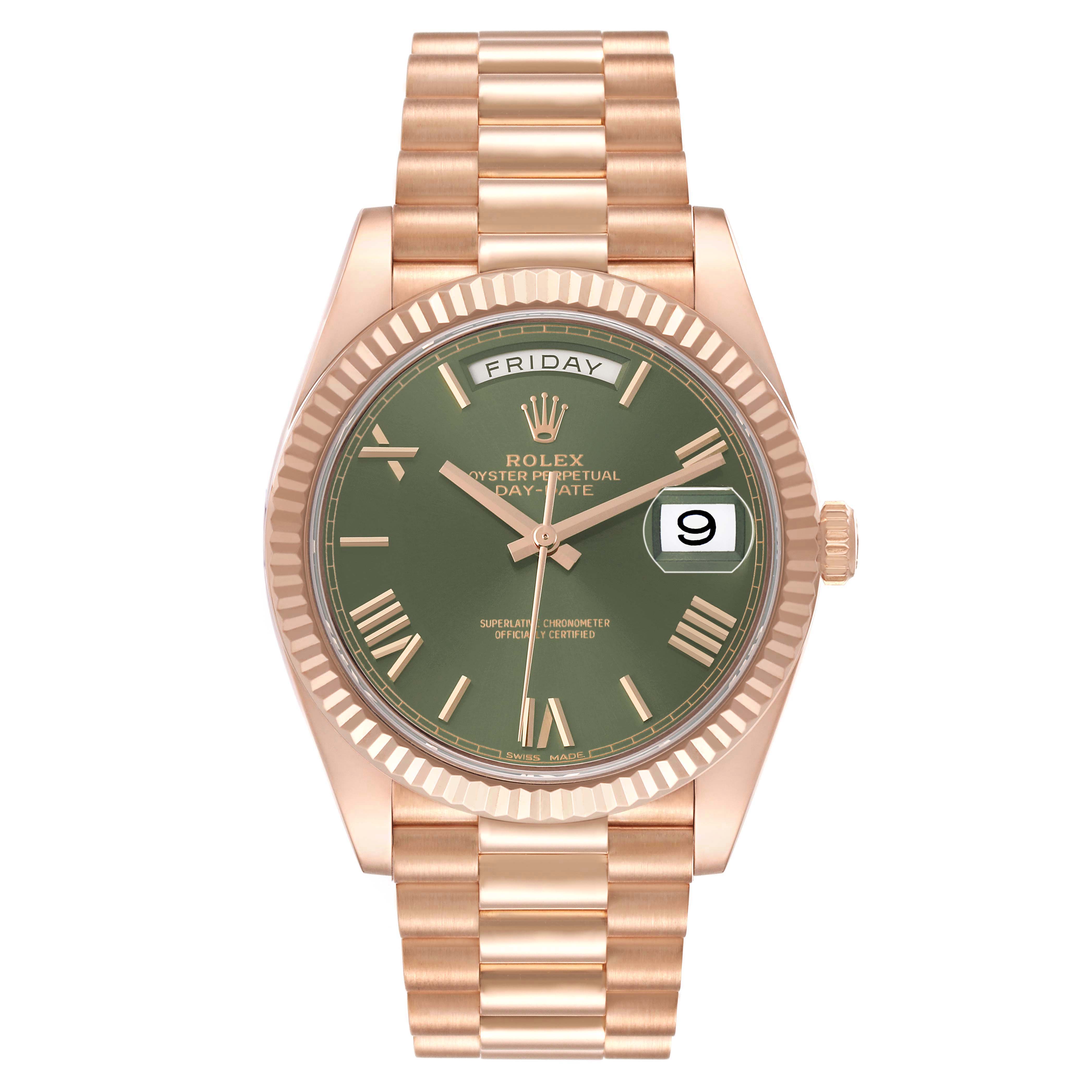 The Rolex President 228235 Men's Rose Gold Green Dial model watch is shown from the front, displaying the dial, day-date feature, and bracelet.