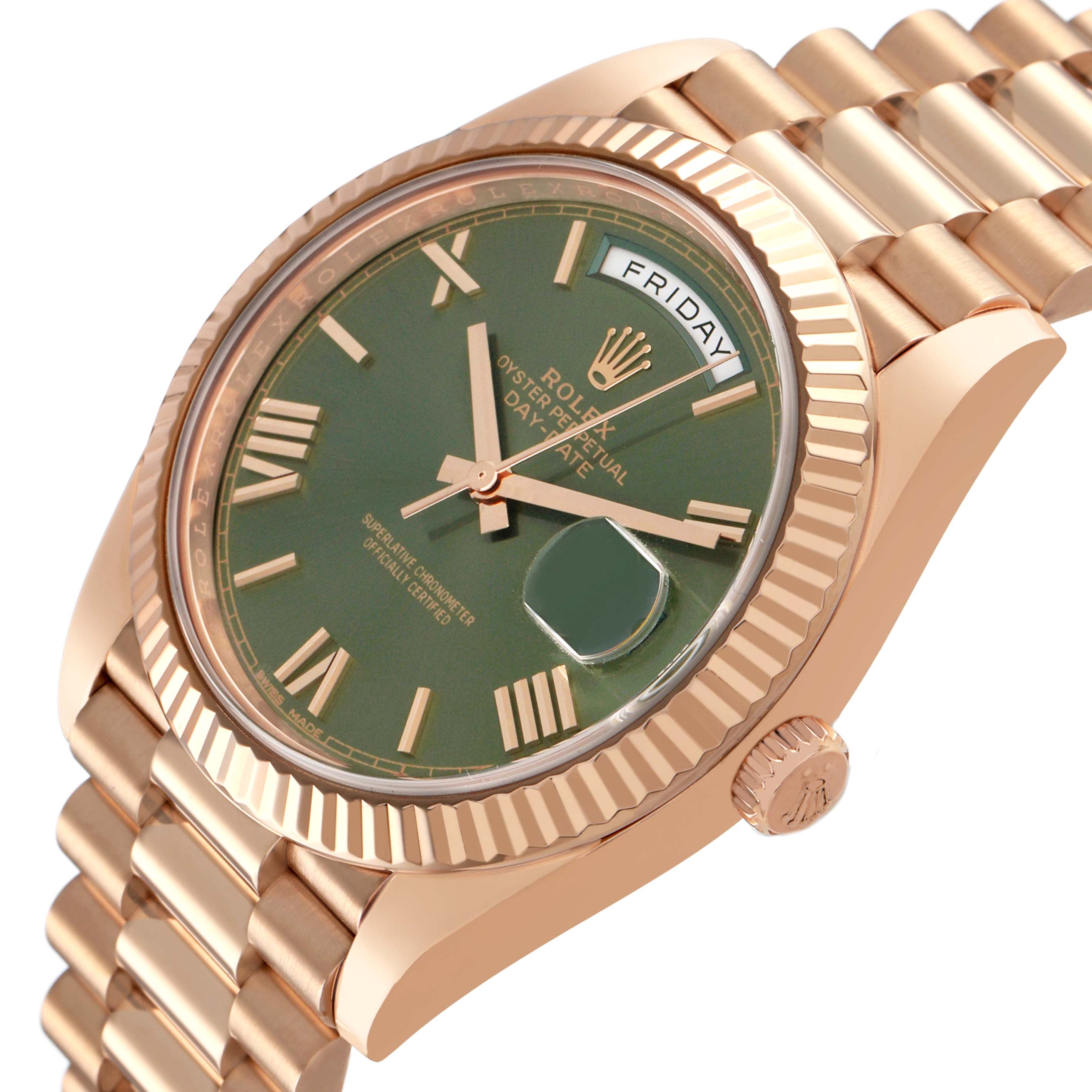 The image shows a Rolex President 228235 Men's Rose Gold Green Dial watch at a three-quarter angle, highlighting the green dial, fluted bezel, day-date display, and bracelet.