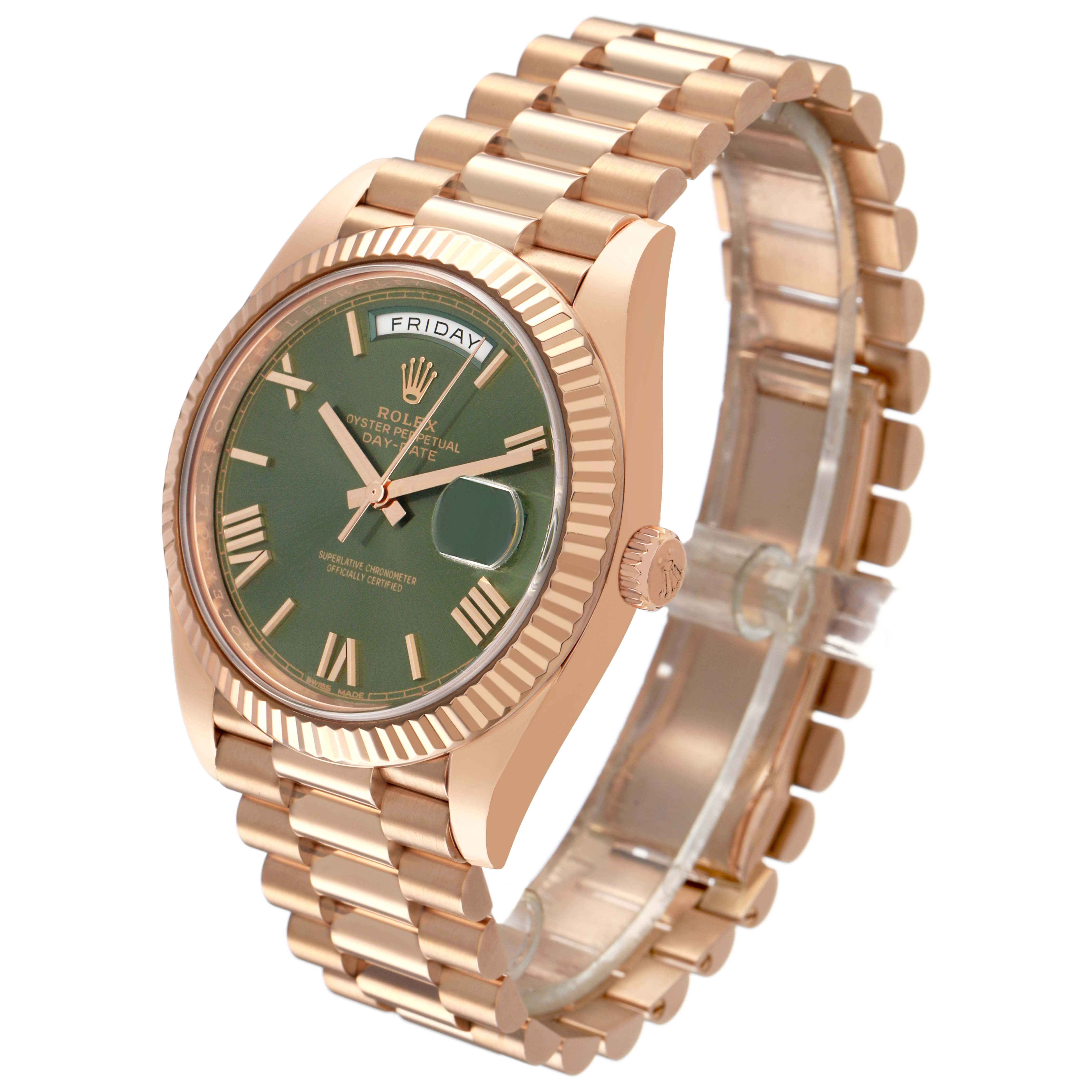 The Rolex President 228235 Men's Rose Gold Green Dial model is shown at a three-quarter angle, displaying its green dial, gold fluted bezel, and bracelet.