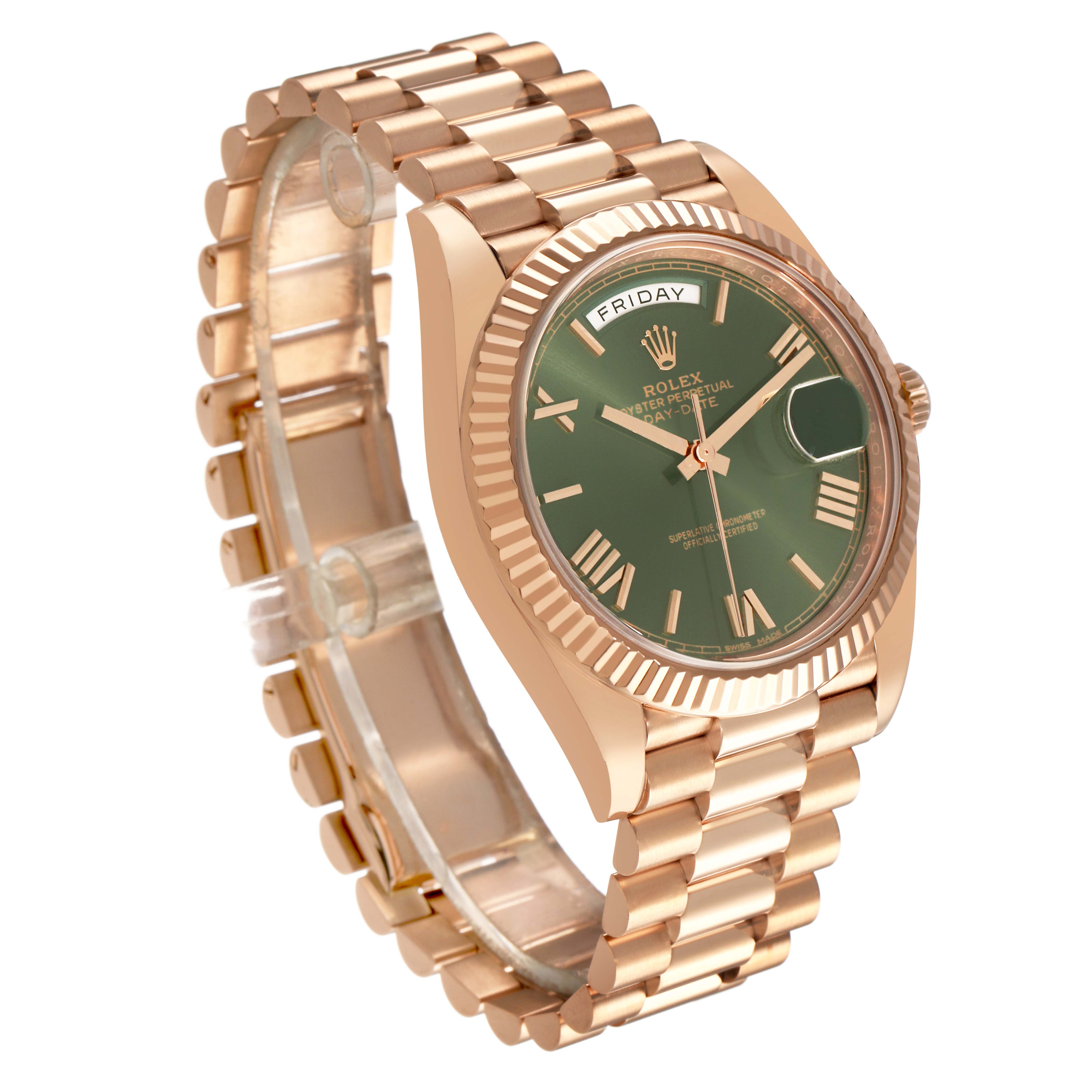 The Rolex President 228235 Men's Rose Gold Green Dial model is shown at a three-quarter angle, displaying the dial, fluted bezel, and part of the bracelet.