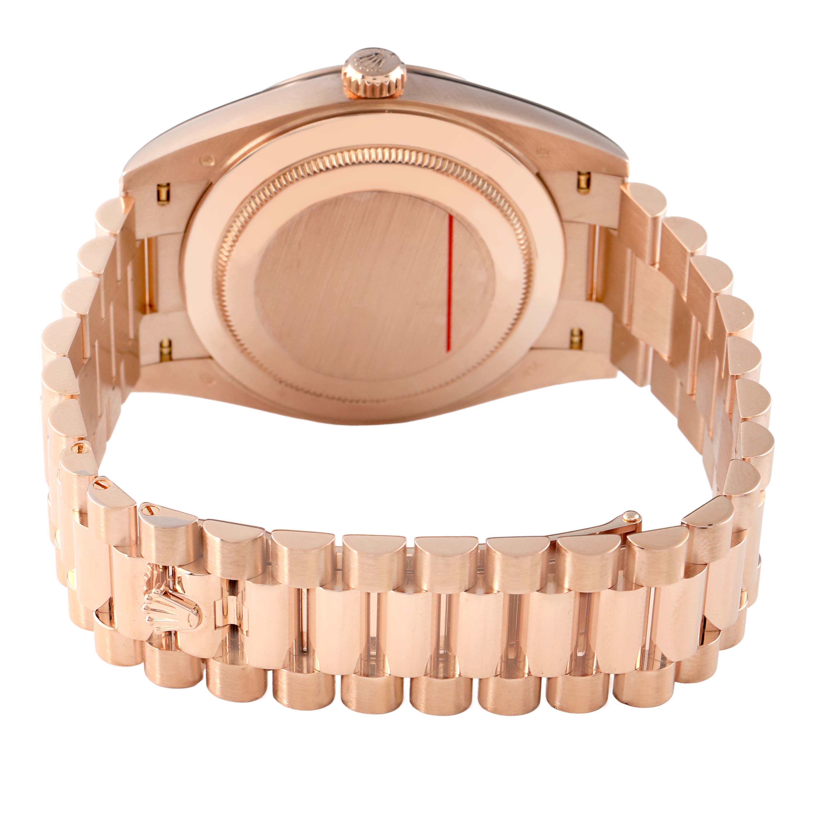 The image shows the back view of a Rolex President 228235 Men's Rose Gold Green Dial watch, highlighting the case back, crown, and bracelet.