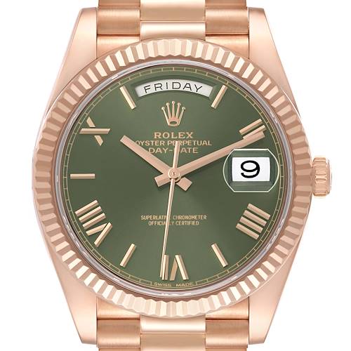 This Rolex President 228235 Men's Rose Gold Green Dial model watch is shown from a front angle, displaying the dial, hands, day/date windows, and part of the bracelet.