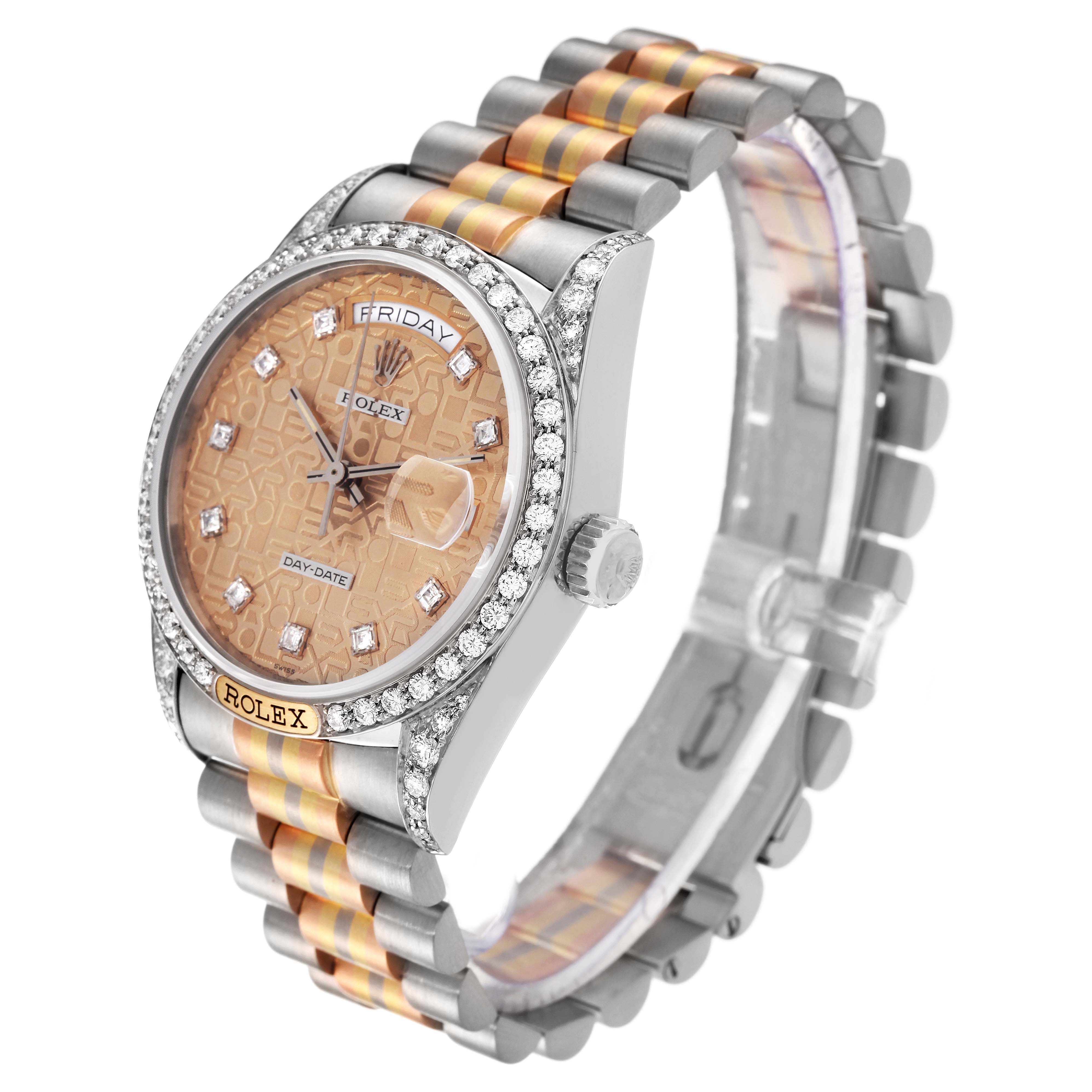 The Rolex President 18139 Men
s White Gold Brown Dial 18139 Men
s White Gold Brown Dial watch is shown at a three-quarter angle, highlighting the face, bezel, crown, and bracelet.