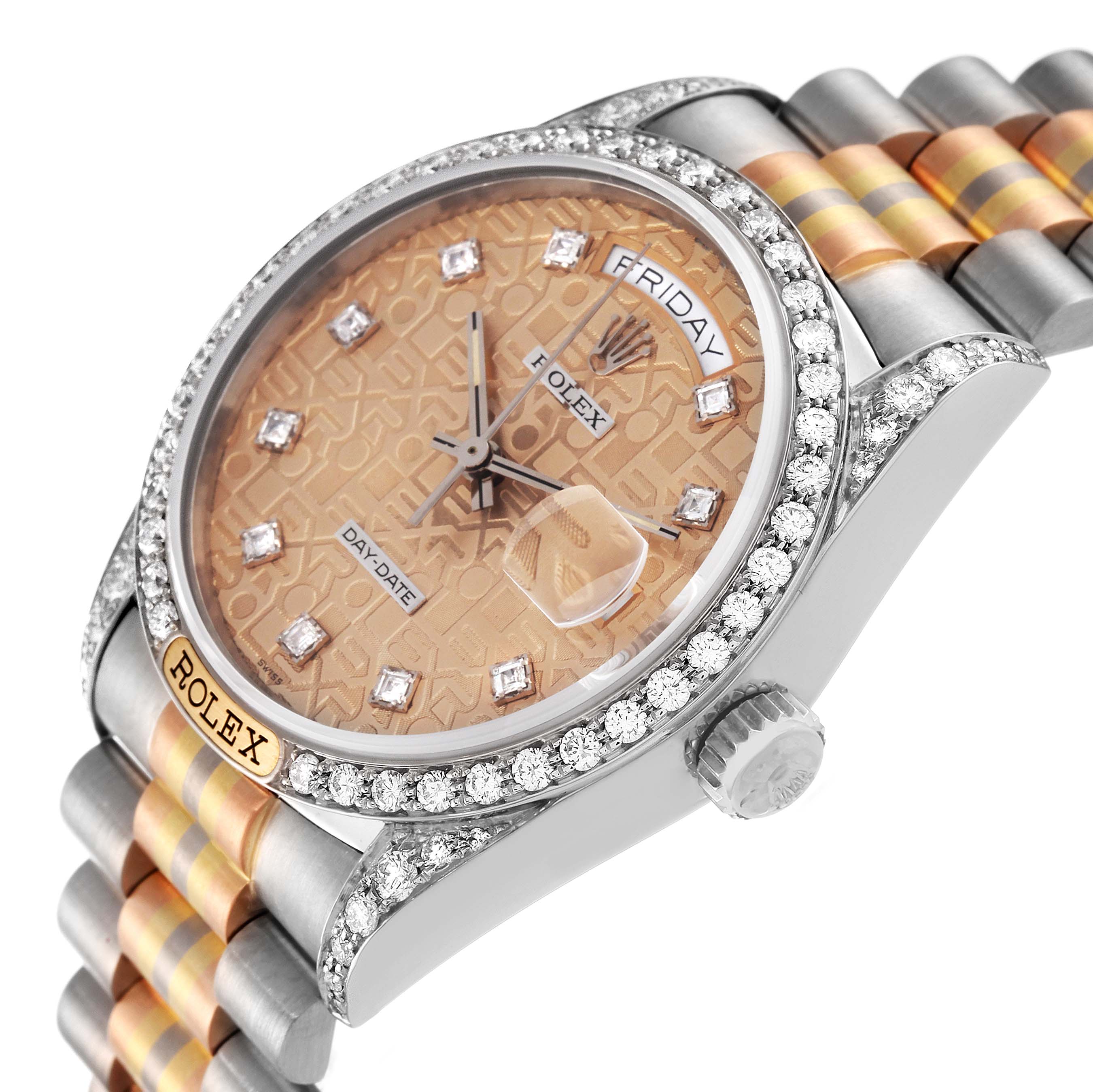 The Rolex President 18139 Men
s White Gold Brown Dial 18139 Men
s White Gold Brown Dial watch is shown at an angled view, displaying its diamond bezel, champagne dial, and two-tone bracelet.