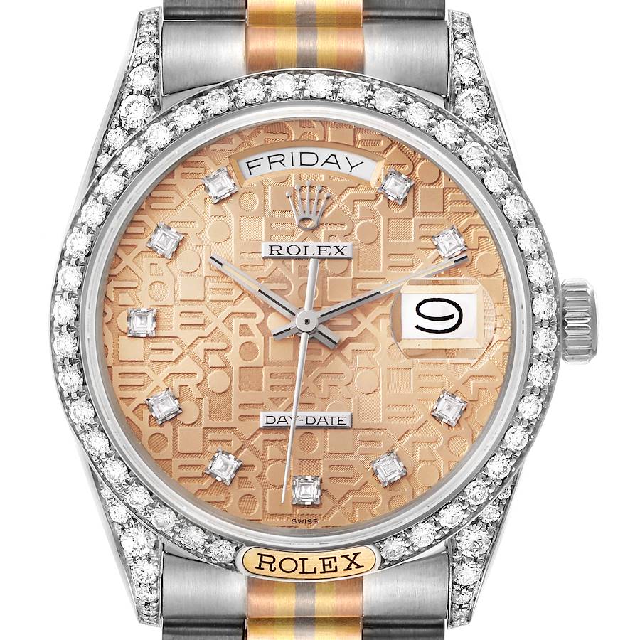 The Rolex President model watch is shown from a front angle, displaying its diamond bezel, textured dial, and day-date features.
