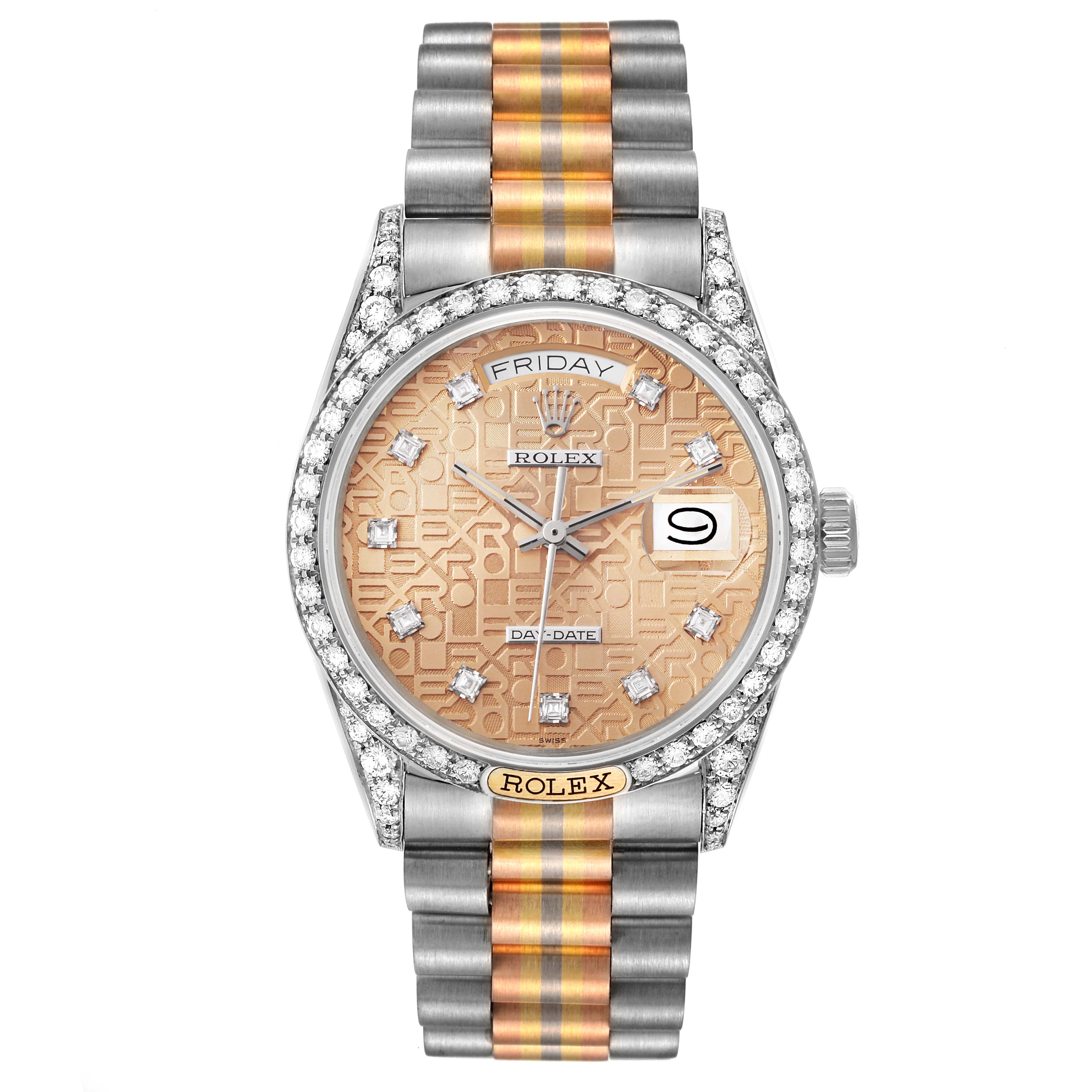 The Rolex President 18139 Men
s White Gold Brown Dial 18139 Men
s White Gold Brown Dial model is shown from the front, displaying its face, bezel, and bracelet with a detailed view.