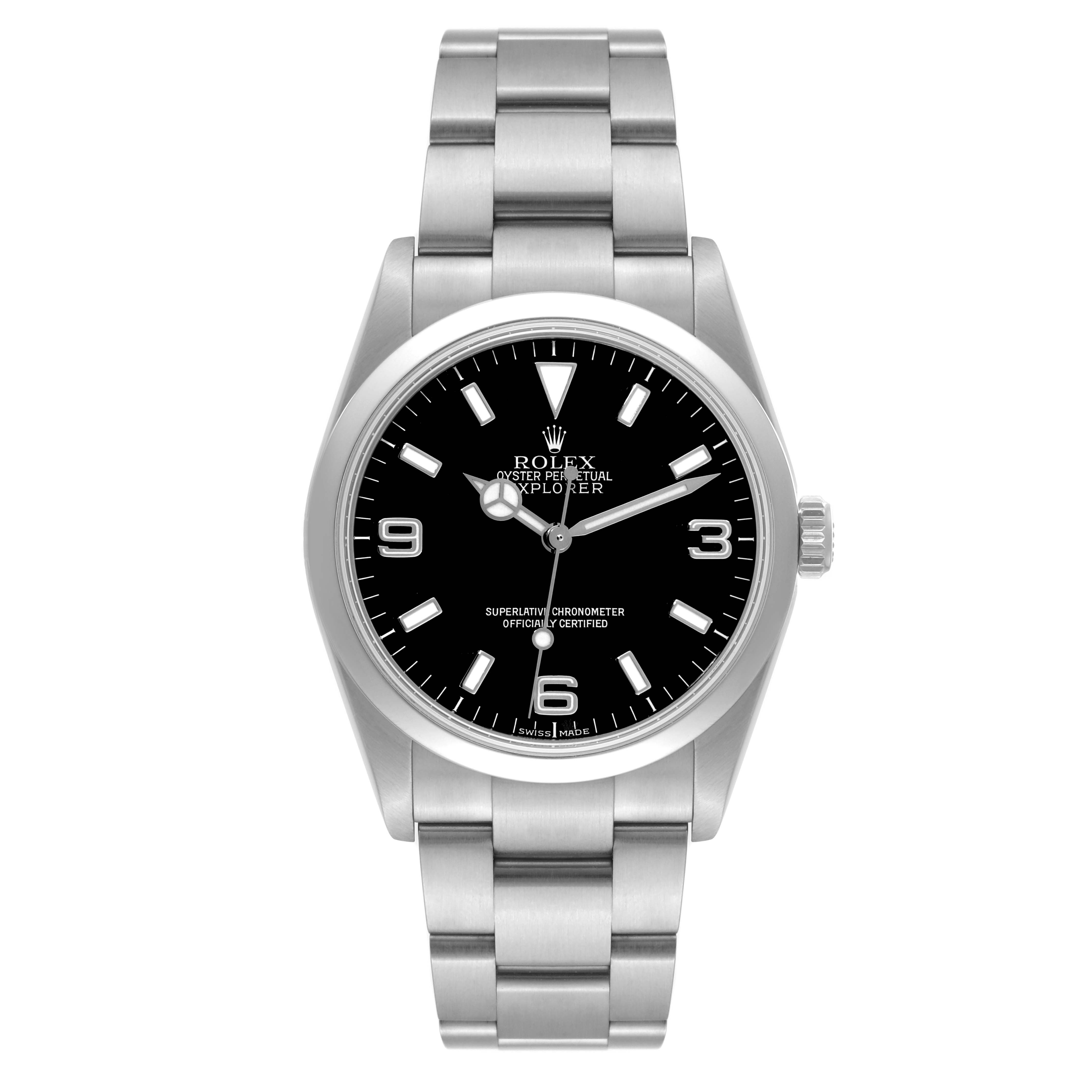 The Rolex Explorer 114270 Men
s Stainless Steel Black Dial 114270 Men
s Stainless Steel Black Dial watch is shown from a front angle, displaying its black dial, hour markers, and stainless steel bracelet.