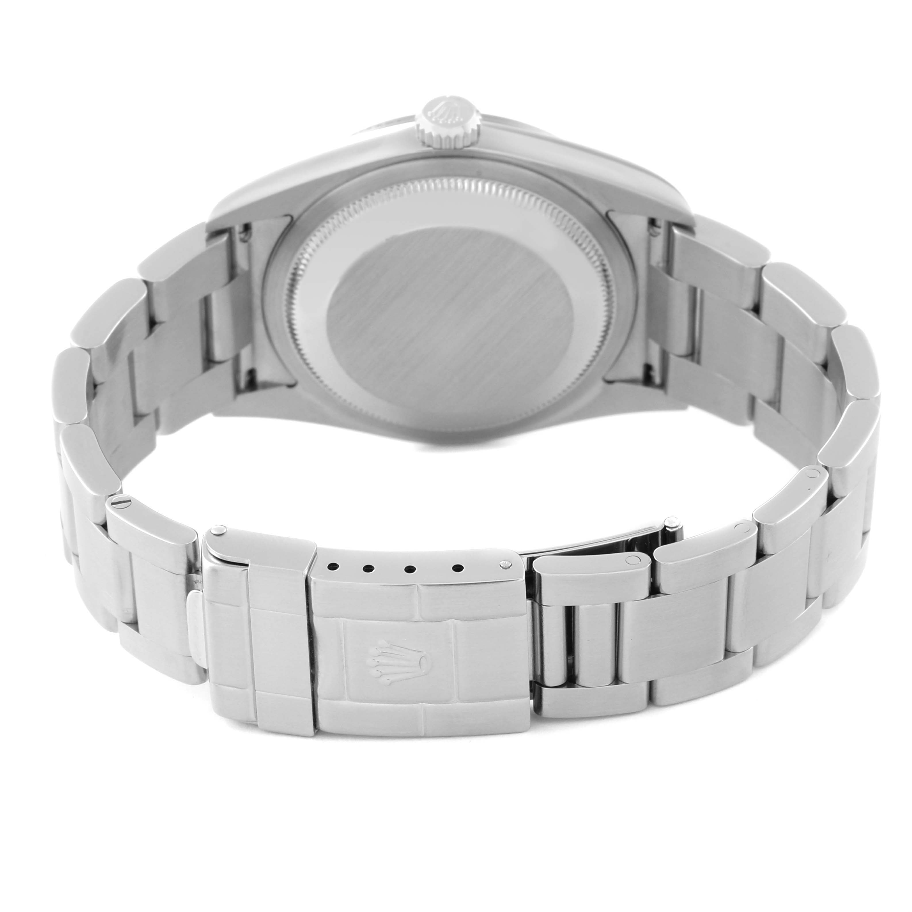 This image shows the back view of the Rolex Explorer 114270 Men
s Stainless Steel Black Dial 114270 Men
s Stainless Steel Black Dial model watch, highlighting its case back, bracelet, and clasp.