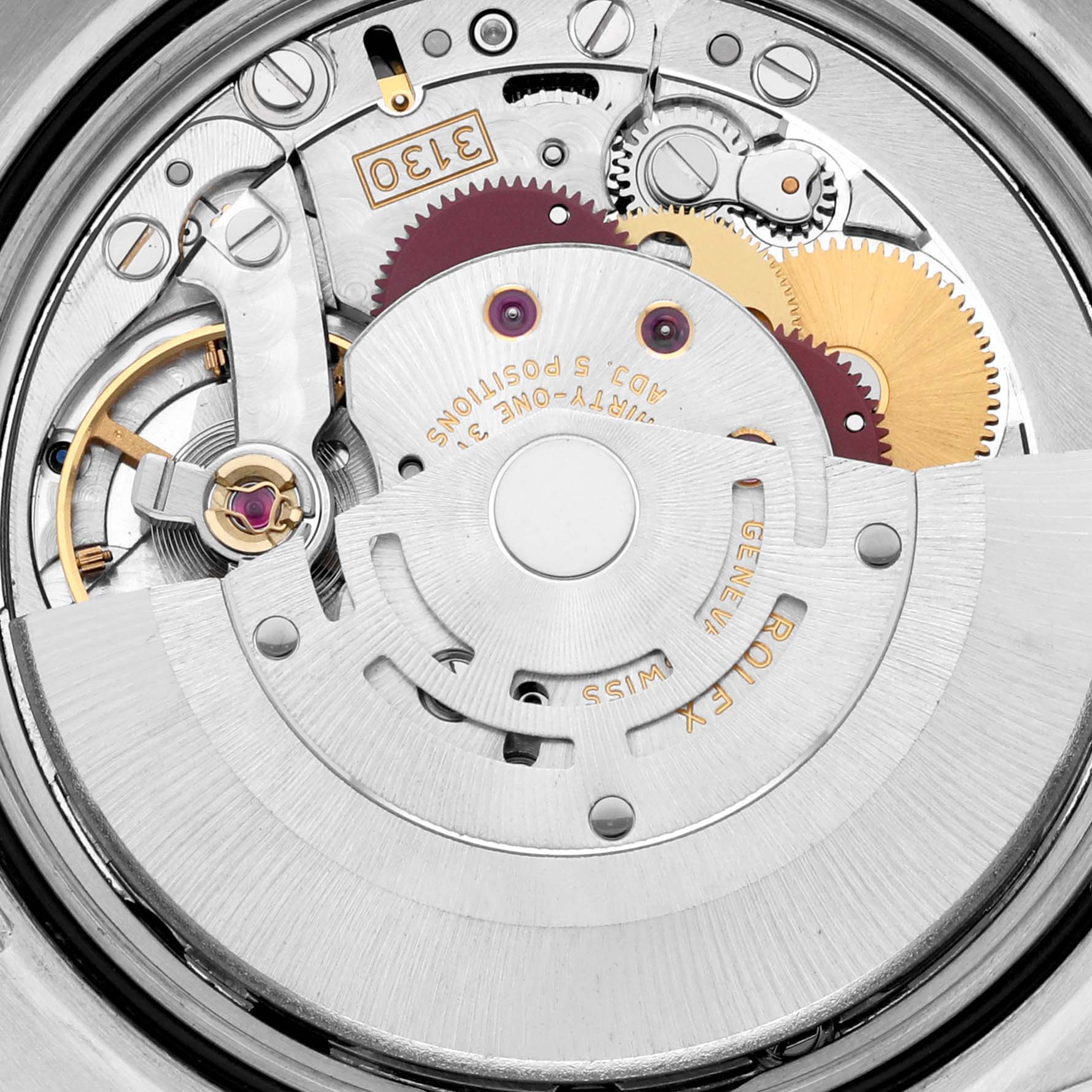 This is a close-up view of the internal movement components of a Rolex Explorer 114270 Men
s Stainless Steel Black Dial 114270 Men
s Stainless Steel Black Dial watch.